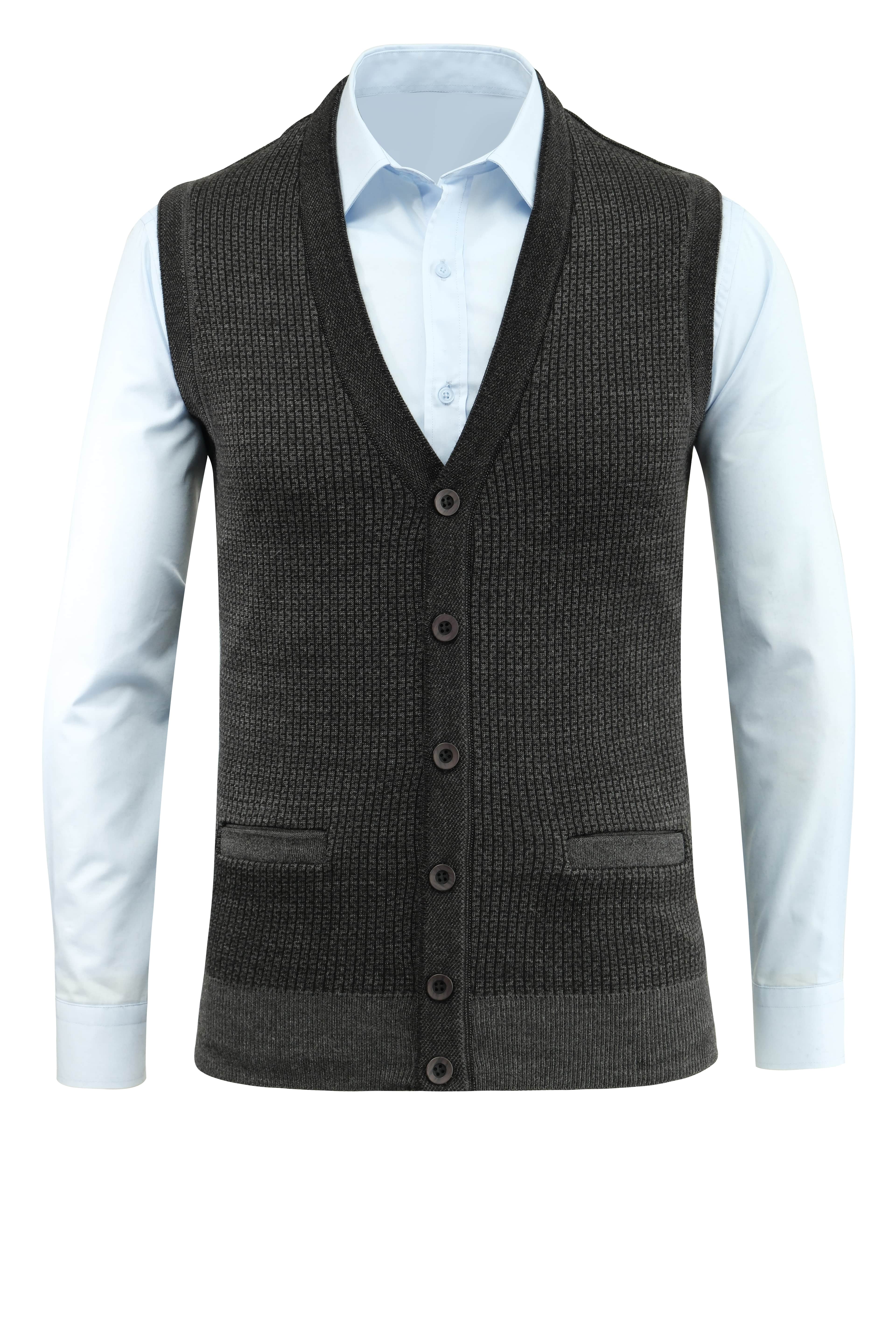 Erkek Büyük Beden Düğmeli Yelek Cepli Desenli Çelik Örgü Klasik Kalıp - 5208LB - ANTHRACITE