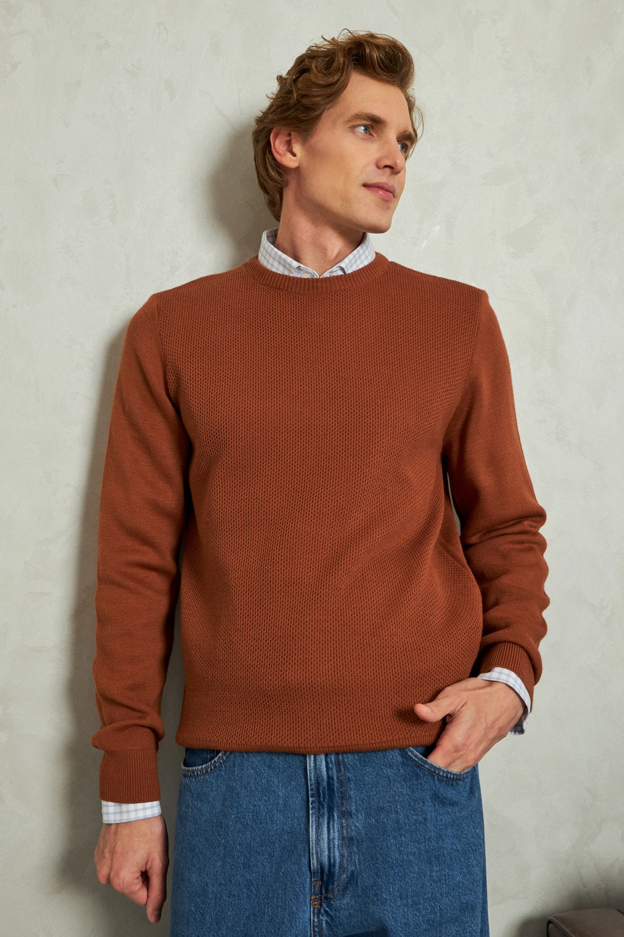 Erkek Sıfır Yaka Kazak Triko Petek Örgü Düz Renk Klasik Kalıp - 5243C