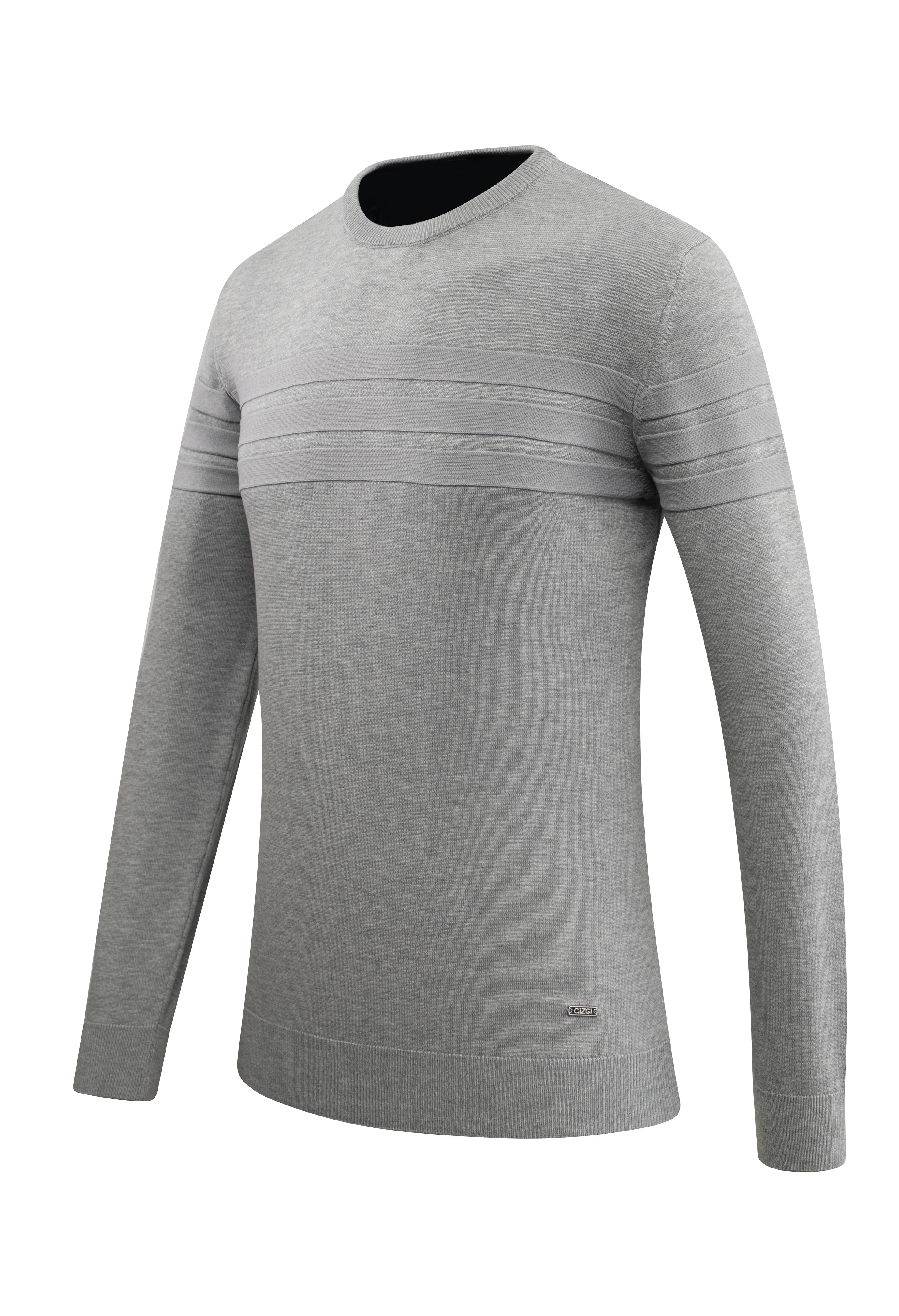 Erkek Sıfır Yaka Kazak Triko Şerit Desenli Klasik Kalıp - 5247C - GREY