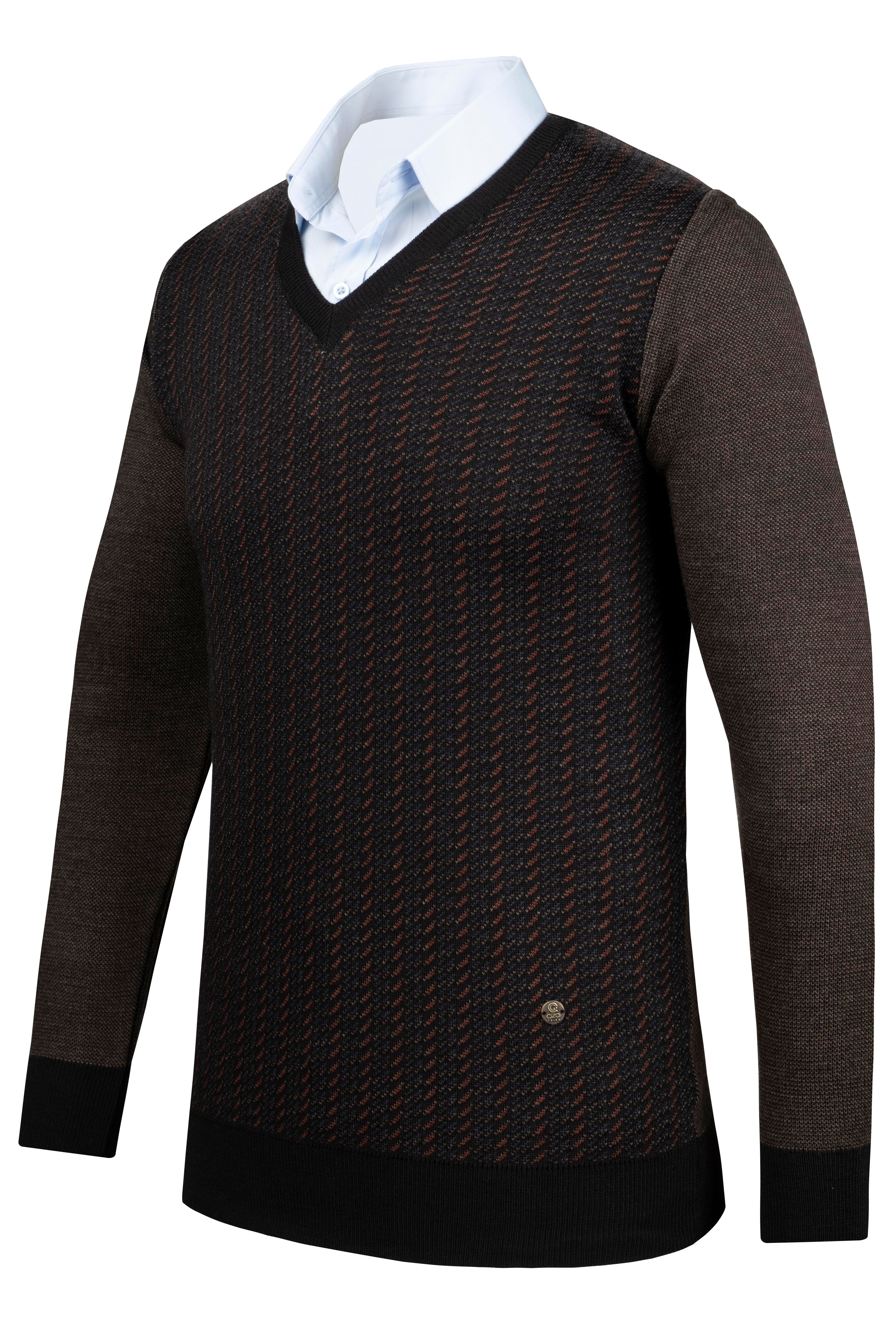 Stripe Knitwear Men's V-Neck Knitwear Sweater Patterned Sleeve and Waist Elastic Steel Knitted Classic Pattern - 5010D - SİYAH