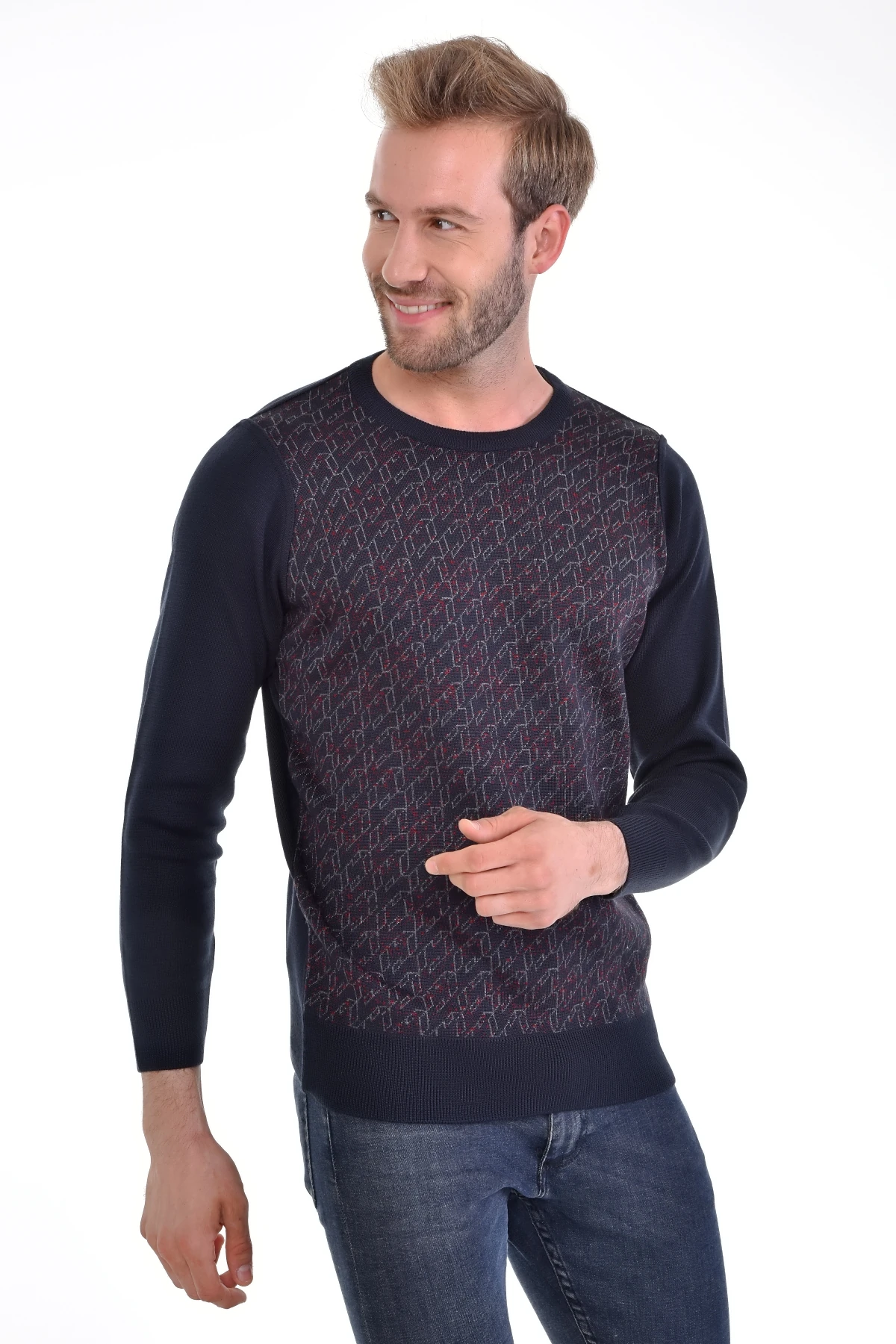 Çizgi Triko Erkek Sıfır Yaka Triko Kazak Desenli Kol Ve Bel Lastikli Dokuma Çelik Örgü - 4413C