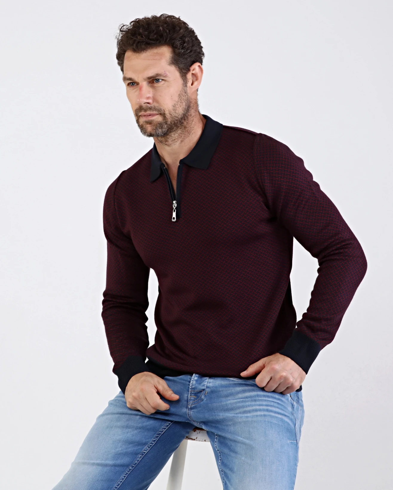 Çizgi Triko Erkek Polo Yaka Triko Kazak Desenli Kol Ve Bel Lastikli Çelik Örgü Regular Kalıp