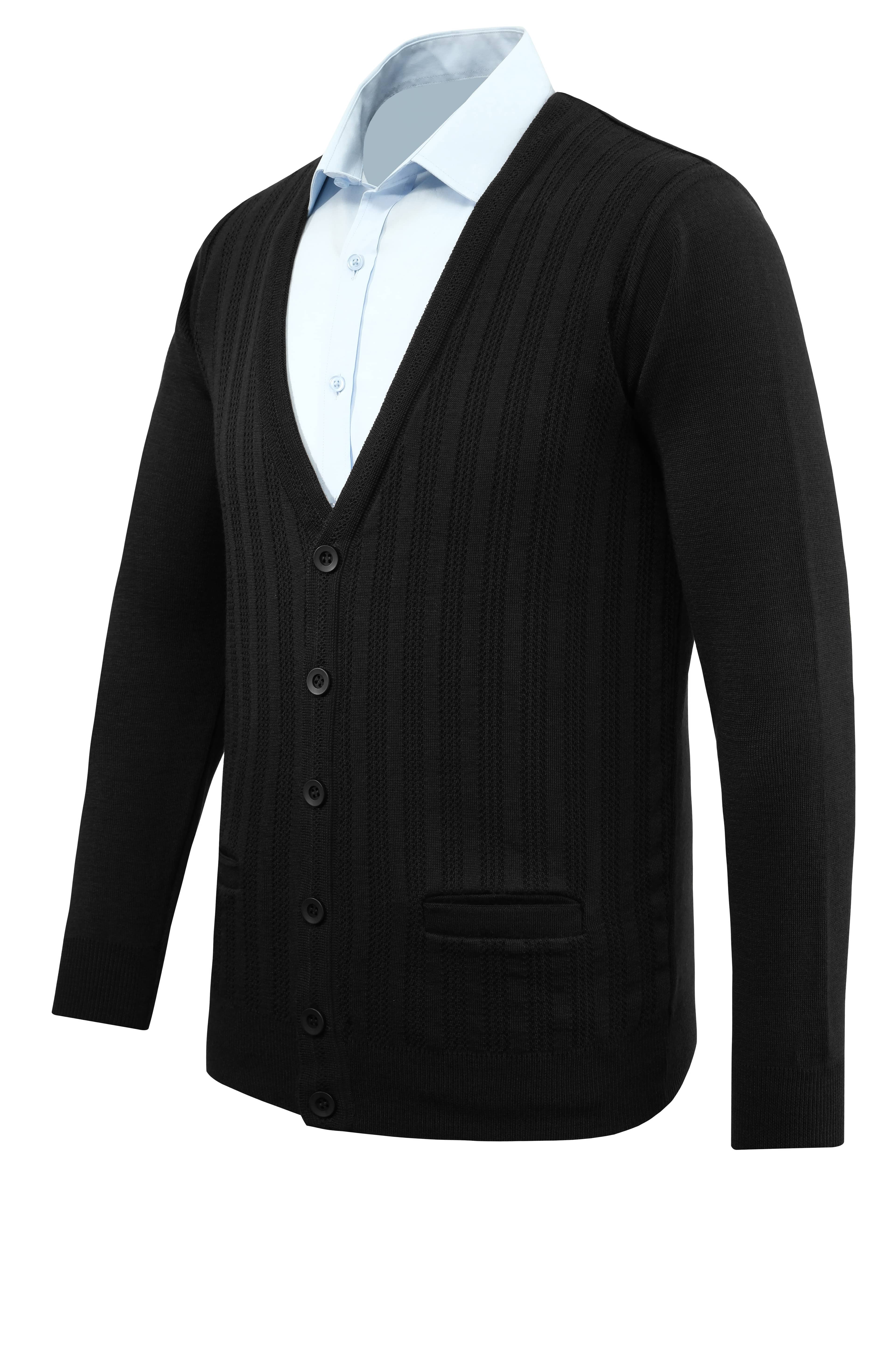 Erkek Düğmeli Hırka Cepli Desenli Çelik Örgü Klasik Kalıp - 5203M - BLACK