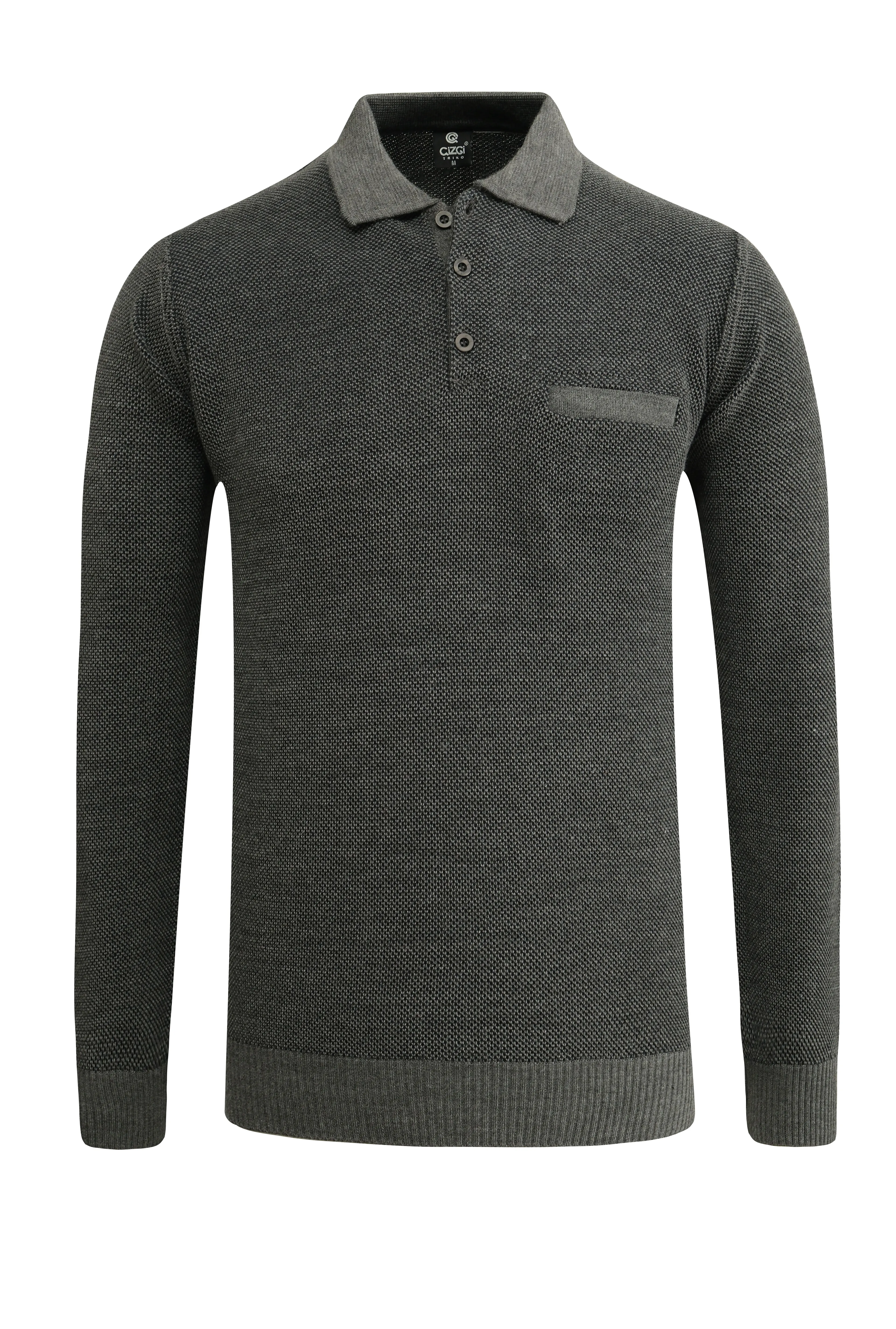 Erkek Polo Yaka Kazak Cepli Pike Desen Çelik Örgü Klasik Kalıp - 5214F - GREY