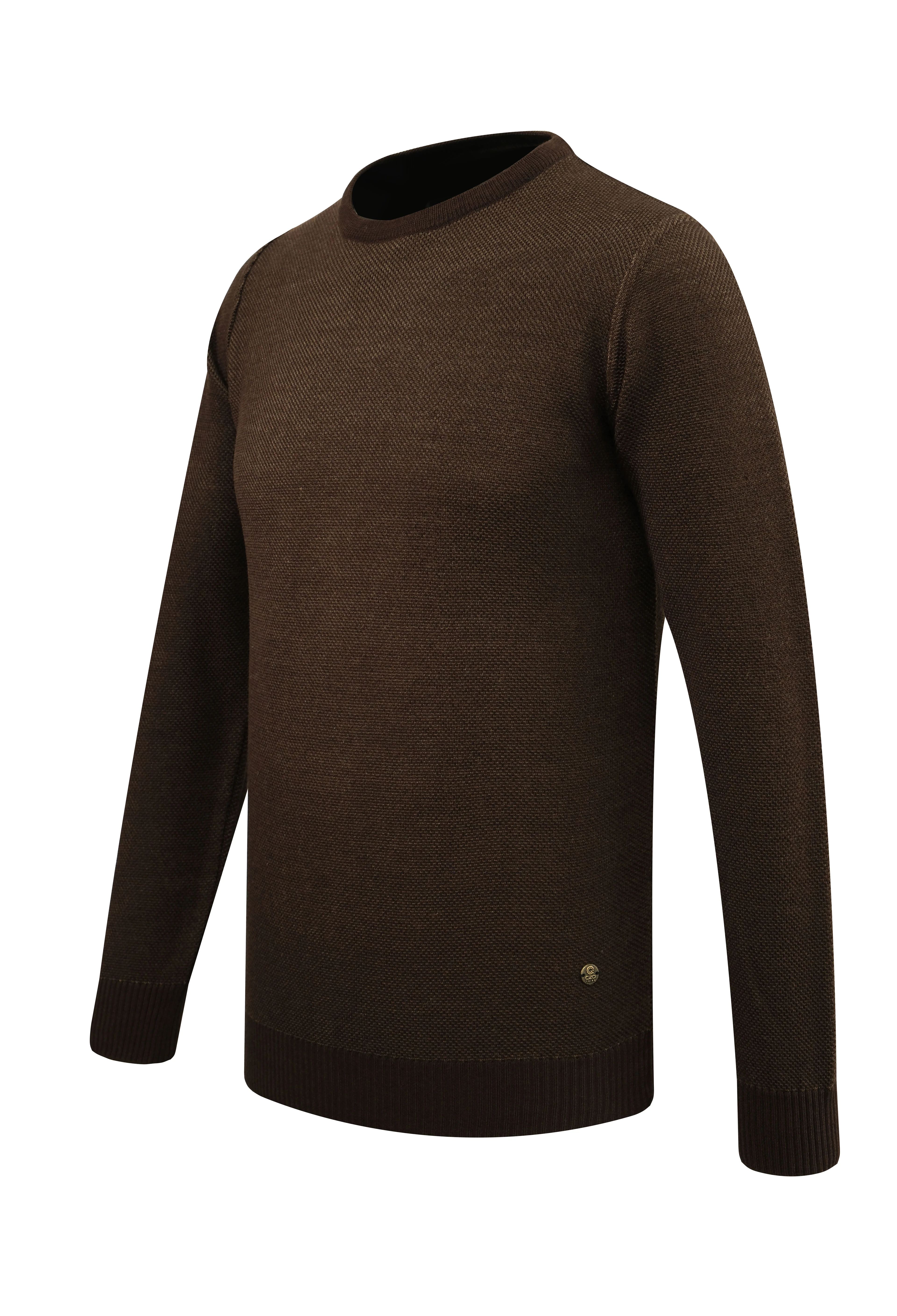 Erkek Sıfır Yaka Kazak Cepli Pike Desen Çelik Örgü Klasik Kalıp - 5214C - BROWN