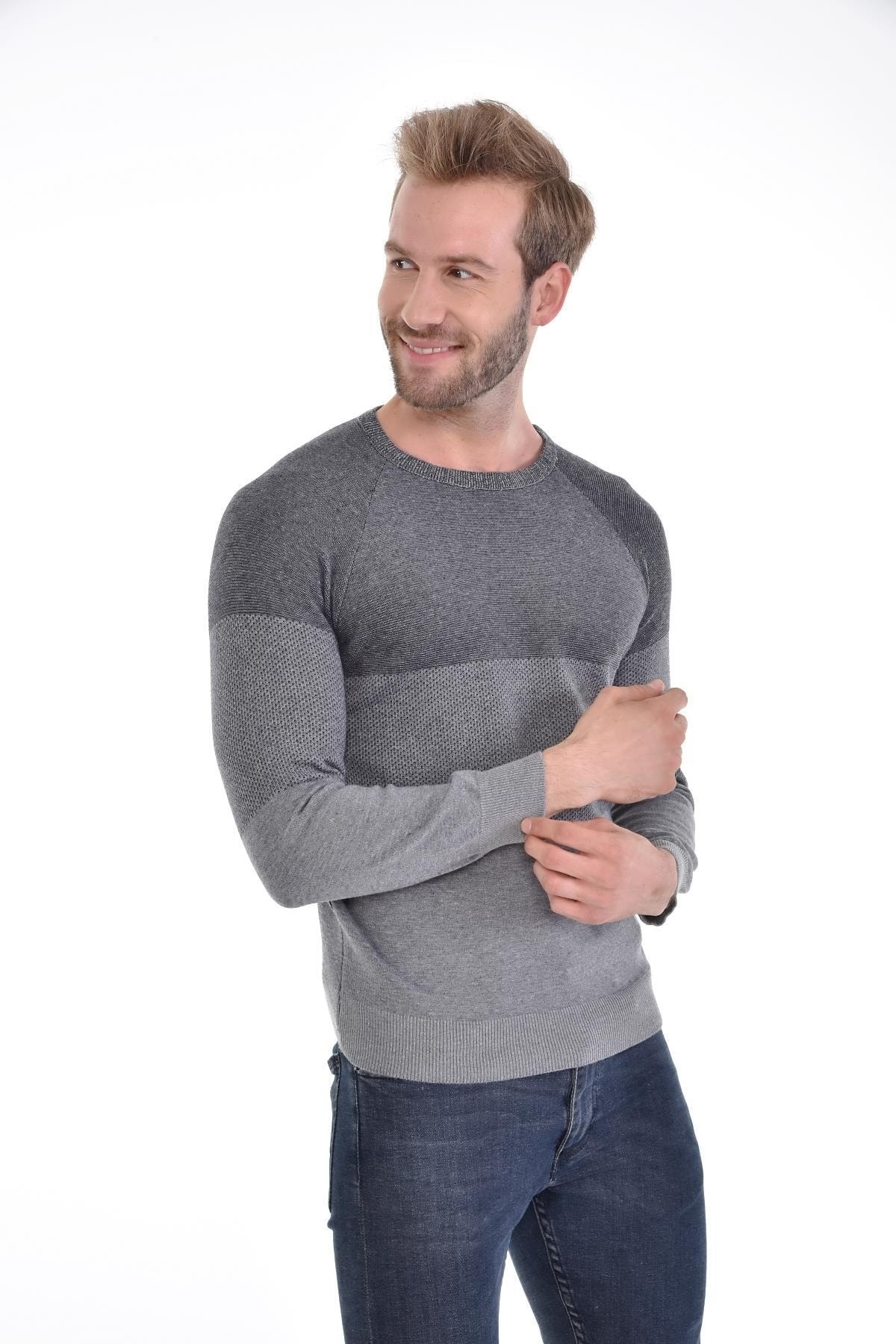 Erkek Sıfır Yaka Pamuklu Triko Gri Kazak Desenli Kol Ve Bel Lastikli Dokuma