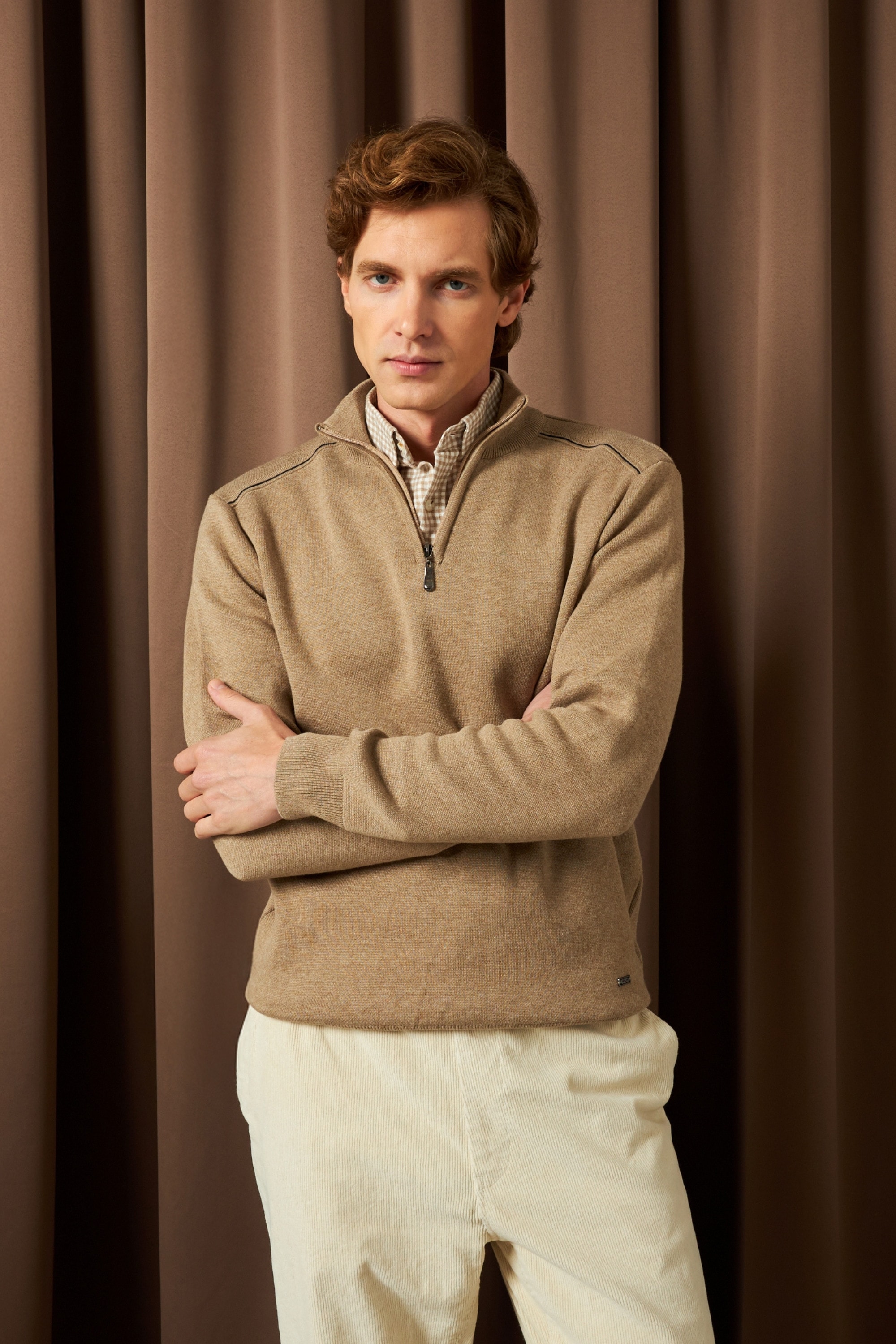 Erkek Fermuarlı Yarım Balıkçı Kazak Triko Düz Renk Klasik Kalıp - 5242B