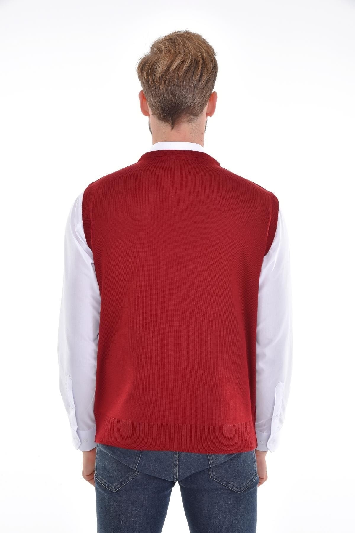 Erkek Triko V Yaka Bordo Yelek Düğmeli Cep Detaylı Desenli Bel Lastikli Çelik Örgü