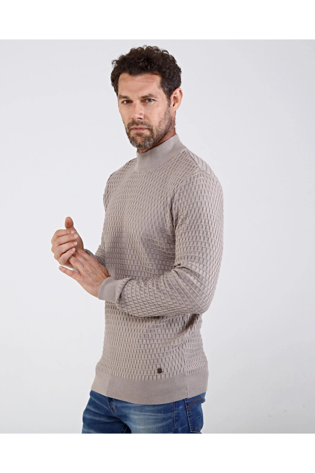 Erkek Yarım Balıkçı Yaka Pamuklu Triko Bej Kazak Desenli Kol Ve Bel Lastikli Regular