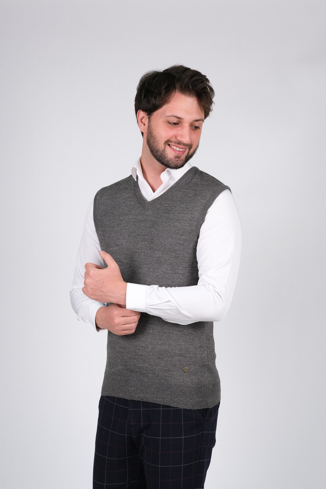 Stripe Knitwear Men's Knitwear Sweater V-Neck Solid Color Waist Elastic Winter Woven Regular Pattern - GREY
