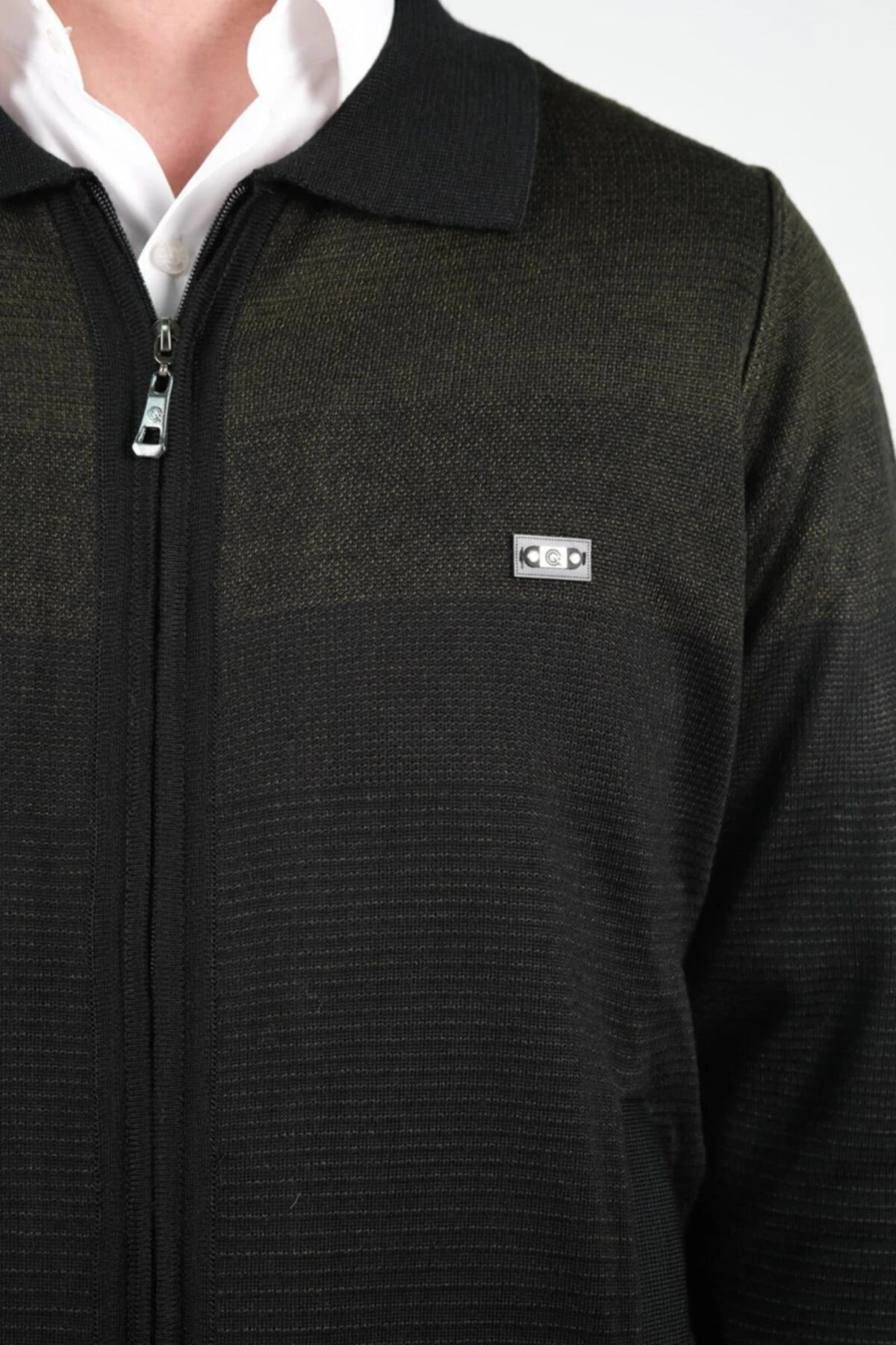 Erkek Polo Yaka Astarlı Triko Mont Fermuarlı Desenli Çelik Örgü