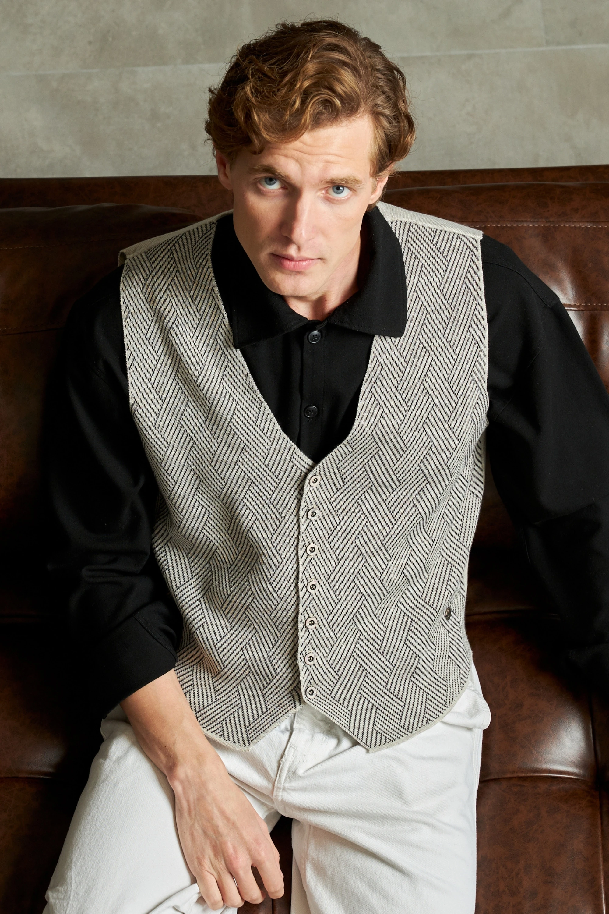 Erkek Düğmeli Yelek Cepsiz Desenli Çelik Örgü Klasik Kalıp - 5211LS - TAŞ