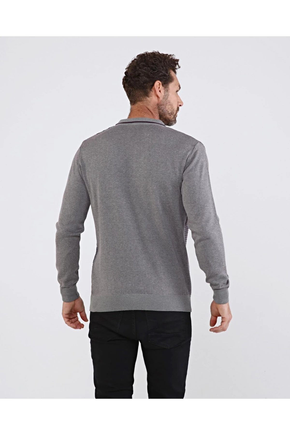 Erkek Polo Yaka Pamuklu Triko Gri Kazak Desenli Kol Ve Bel Lastikli Regular Kalıp