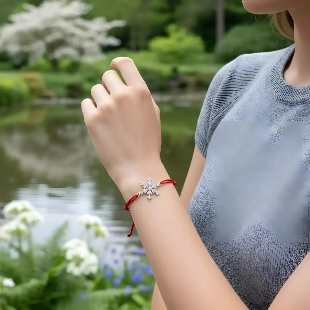 925 Ayar Gümüş 0.01ct Pırlanta Taşlı Kar Tanesi Kırmızı İpli Bileklik