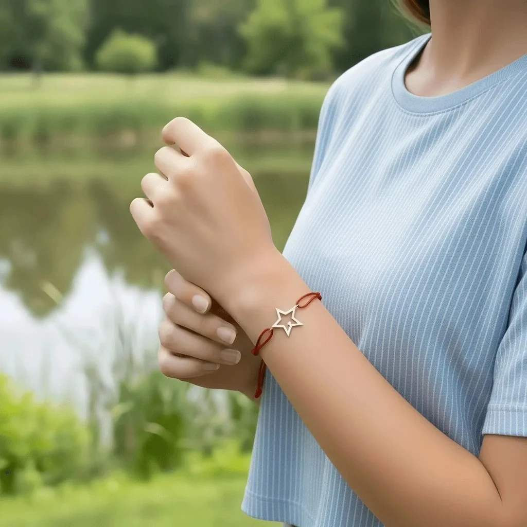 925 Ayar Gümüş 0.01ct Pırlanta Taşlı Yıldız Kırmızı İpli Bileklik