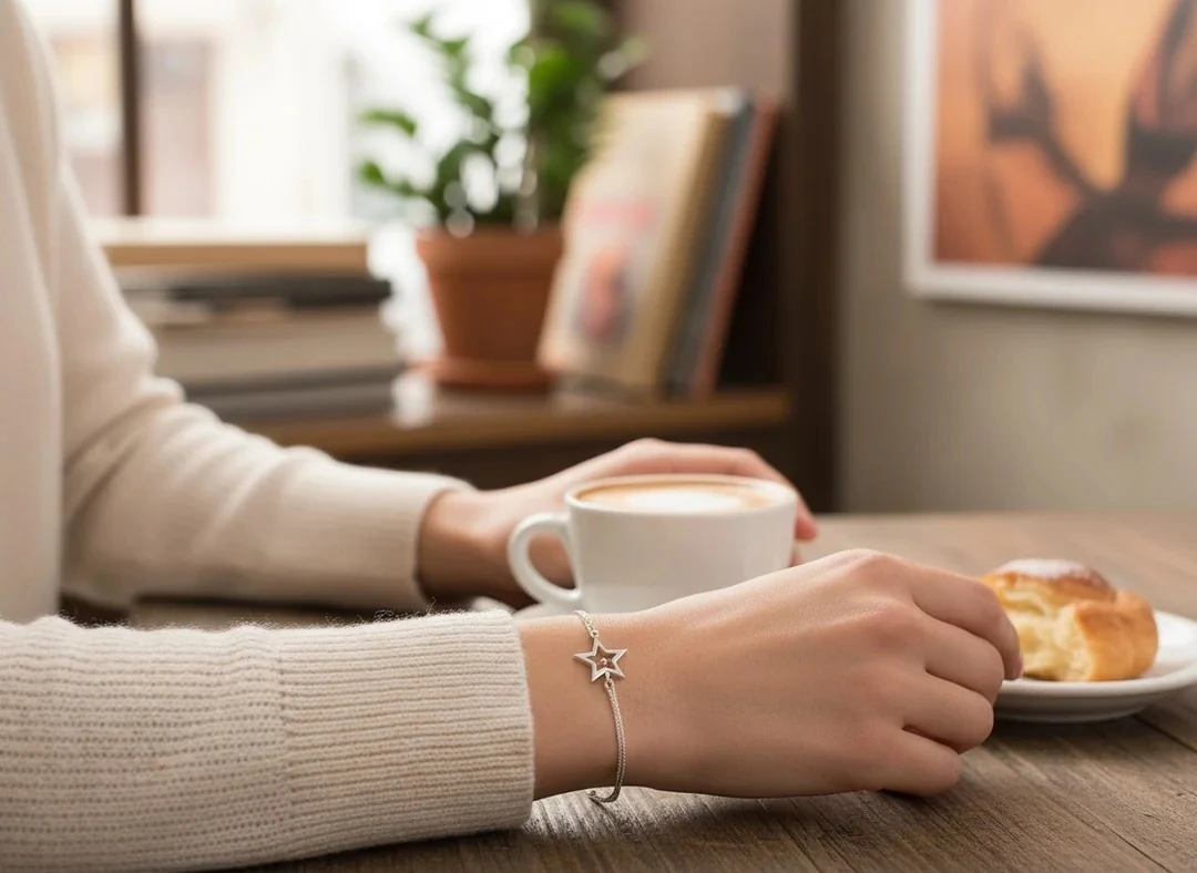 925 Ayar Gümüş 0.01ct Pırlanta Taşlı Yıldız Çift Zincirli Bileklik