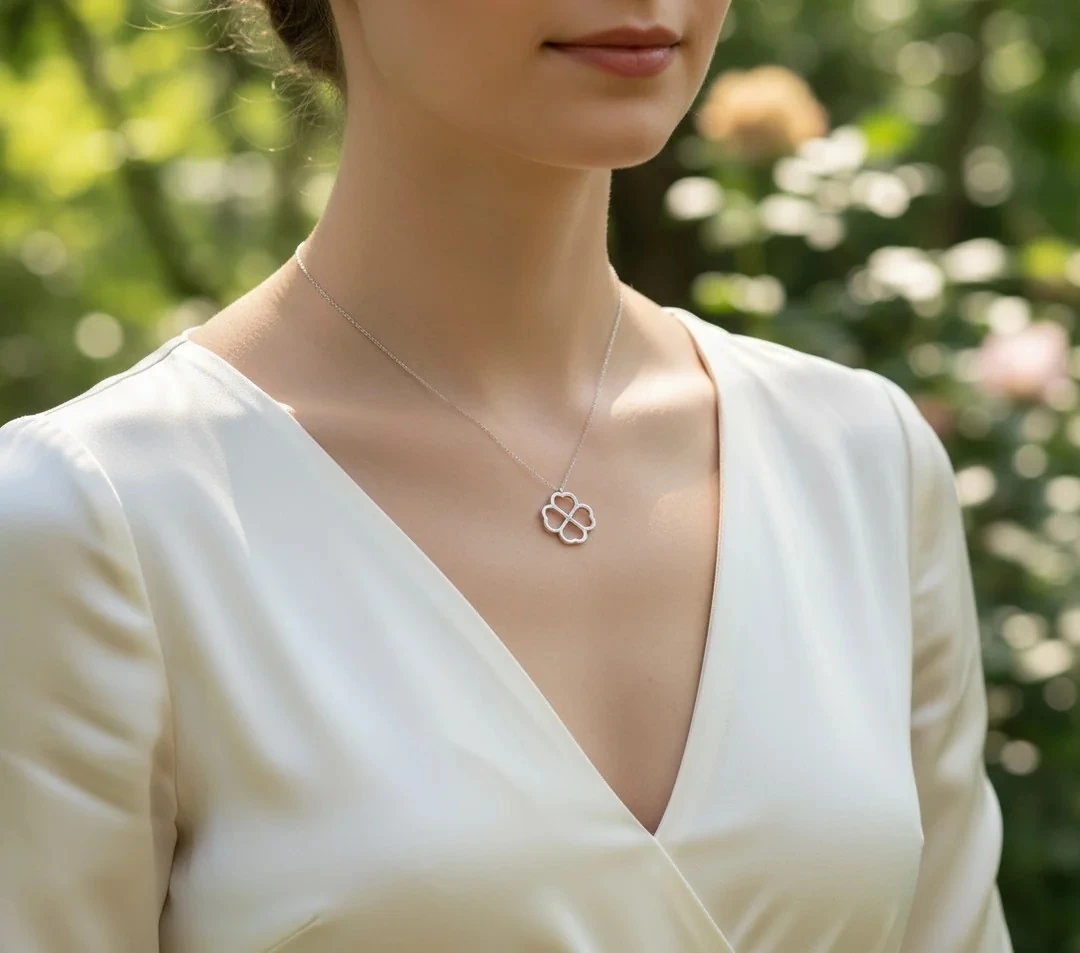 925 Ayar Gümüş 0.01ct Pırlanta Taşlı Kalpli Yonca Kolye