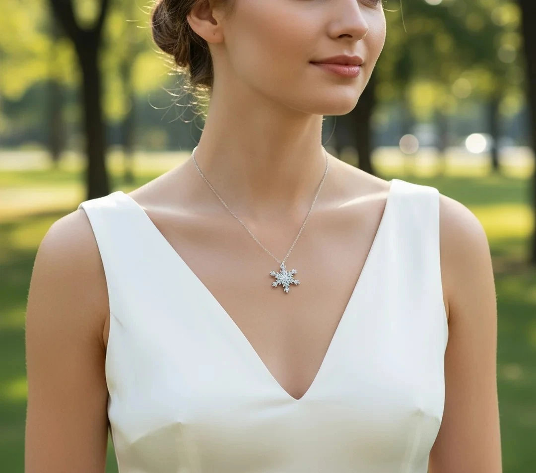 925 Ayar Gümüş 0.01ct Pırlanta Taşlı Kar Tanesi Kolye