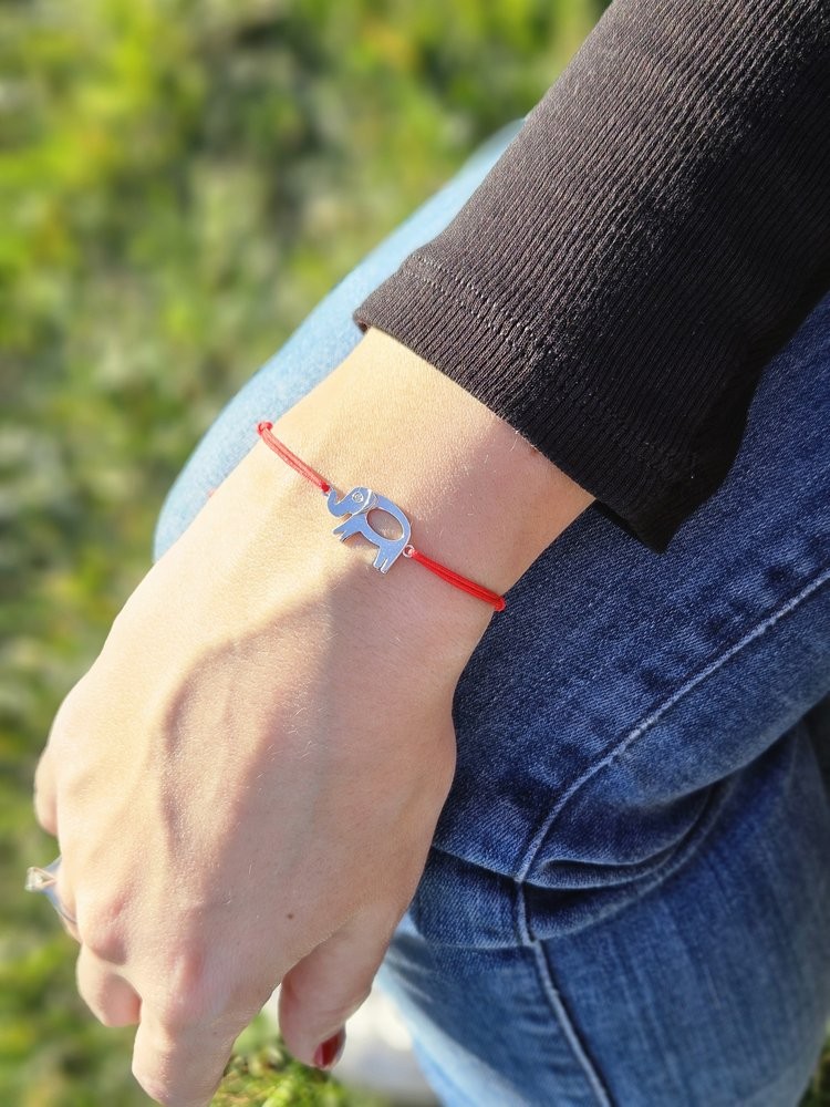 14K Altın 0.01ct Pırlantalı Fil Kırmızı İpli Bileklik