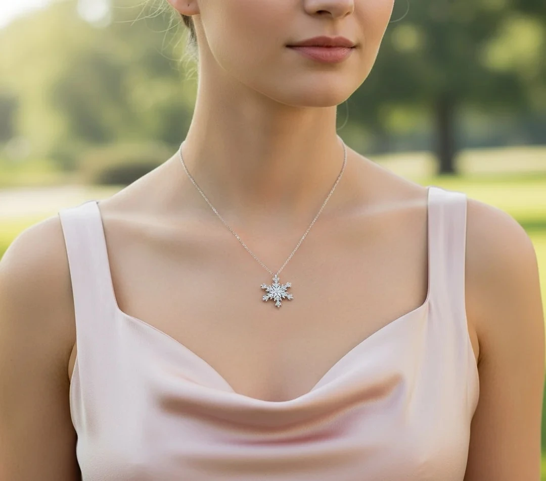 925 Ayar Gümüş 0.01ct Pırlanta Taşlı Kar Tanesi Kolye