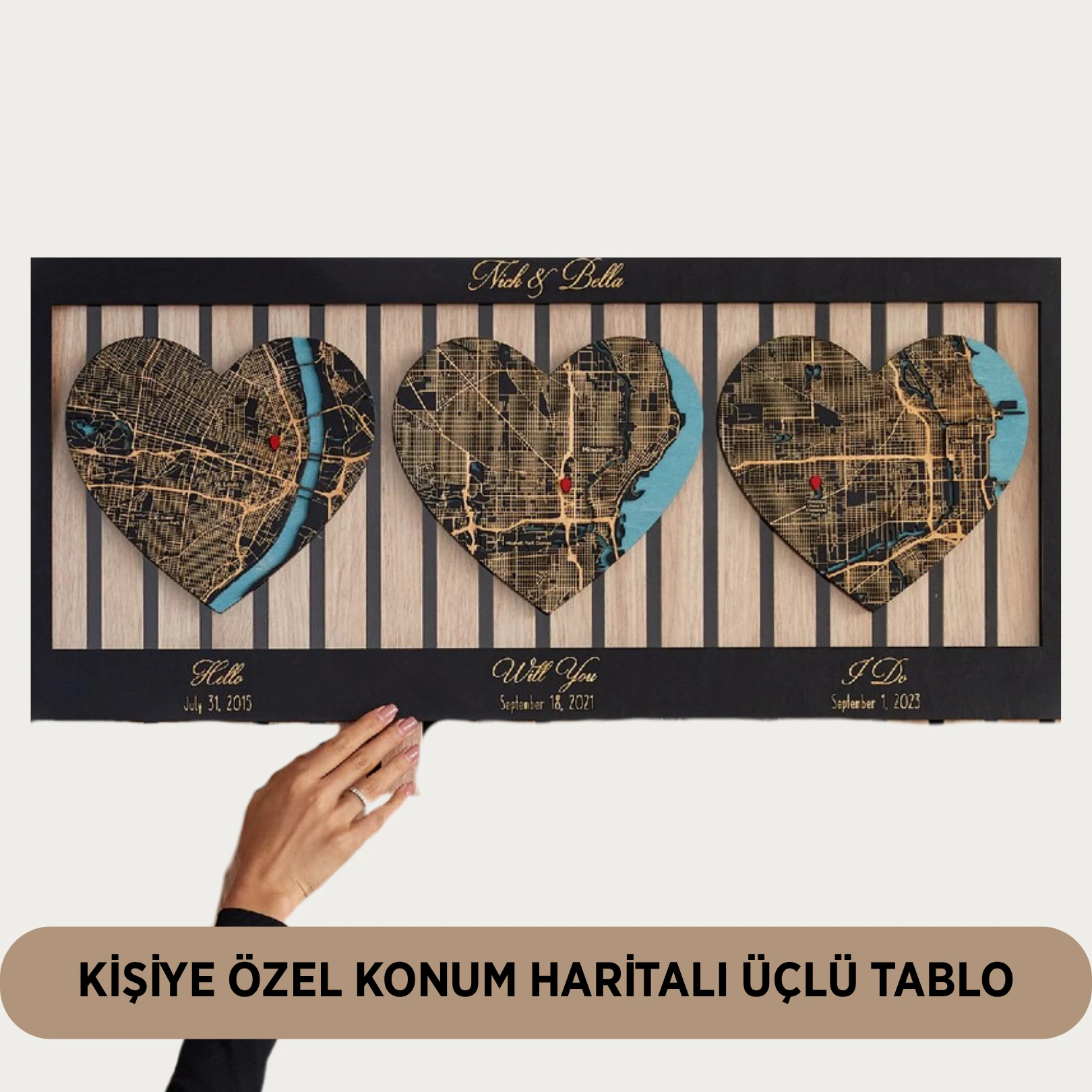 Kişiselleştirilebilir Özel Şehir - Buluşma - Konum Haritalı Dekoratif Tablo - Masaüstü Olarakta Kullanılabilir - Üçlü Kalpli Tablo