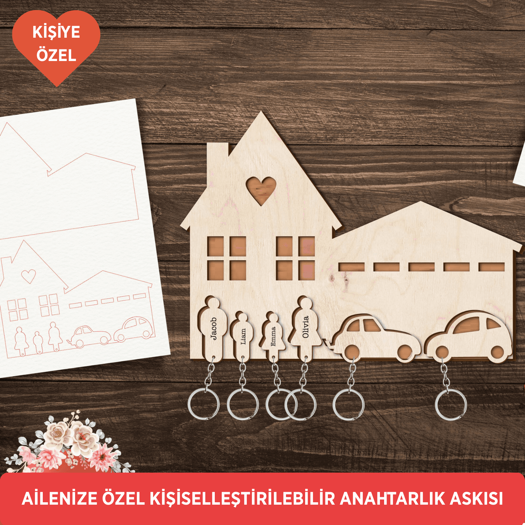 6 Kişilik Aile Anahtarlık Askısı - Kişiselleştirilebilir Ev ve Araba Anahtarlığı - Askılı Anahtarlık