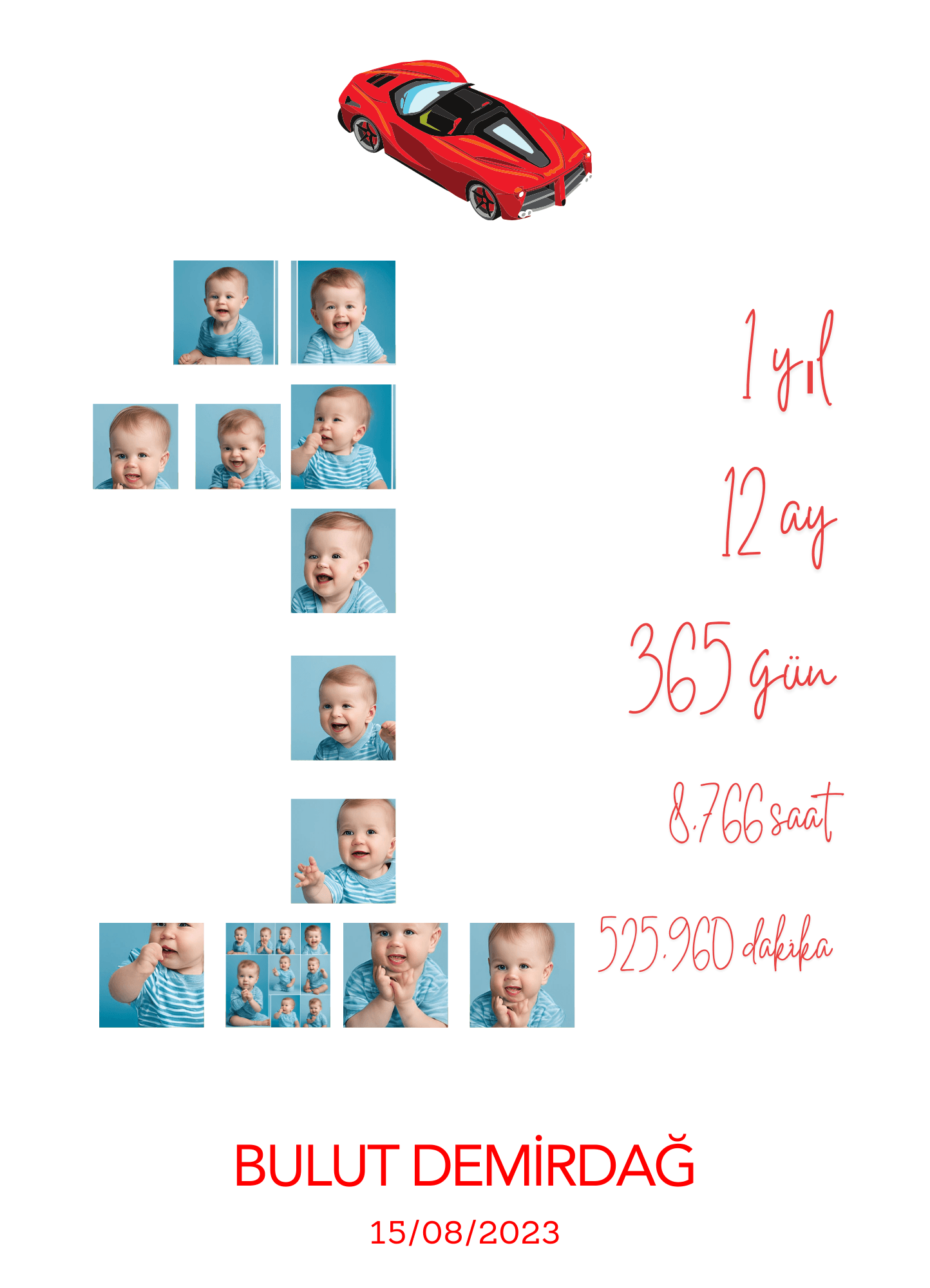 1 Yaş Yarış Arabası Konseptli Kişiselleştirilebilir Anı Fotoğrafı - Dijital Teslimat Ürünü