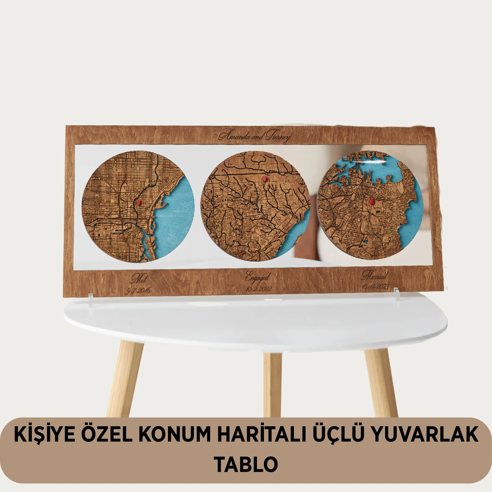 Kişiselleştirilebilir Yuvarlak Konum Tablosu - Şehir - Buluşma - İlk Görüş Kişiye Özel Hediye - Üçlü Kalpli Tablo