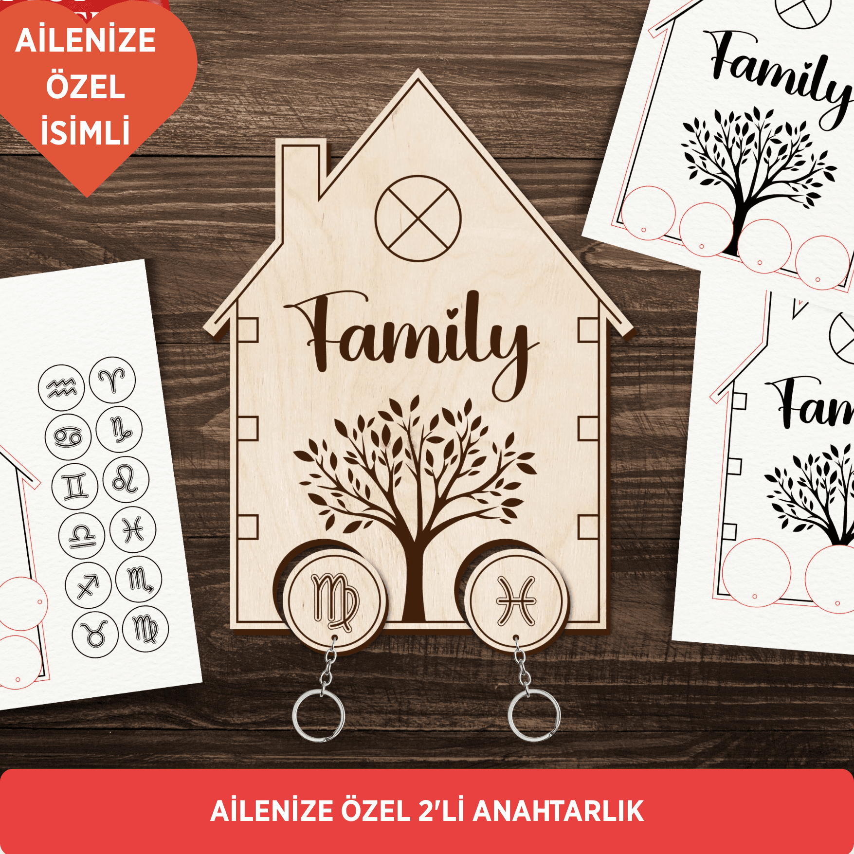 Kişiselleştirilebilir Aile İsimlikli Anahtarlık Askısı - Burçlarla Özelleştirilebilir
