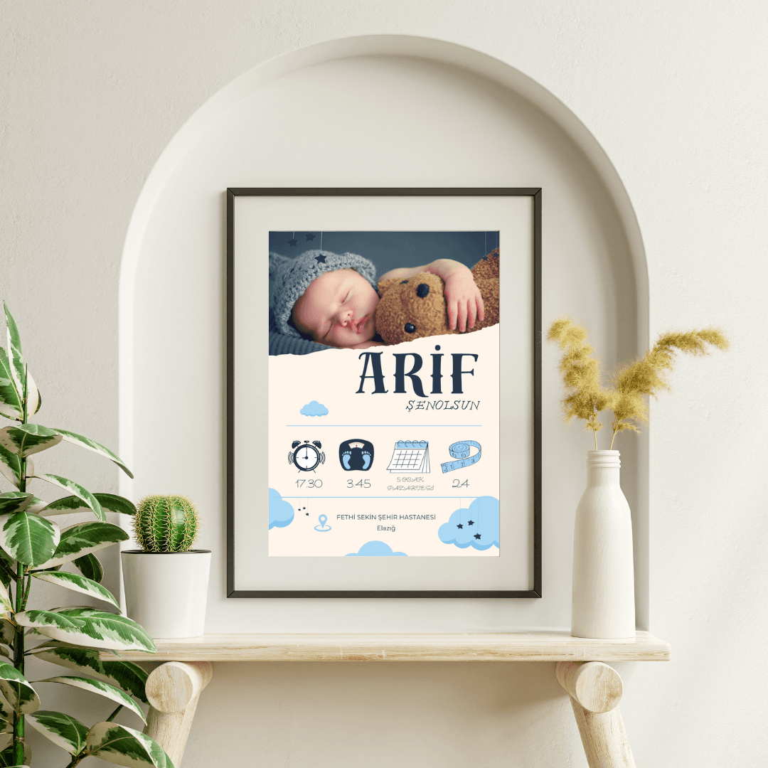 Doğum Panosu Poster Baskı - Kız ve Erkek Çocuk Tasarımlı Bebek Doğum Tablosu - Erkek Çocuğu İçin Tasarım Anı Tablosu