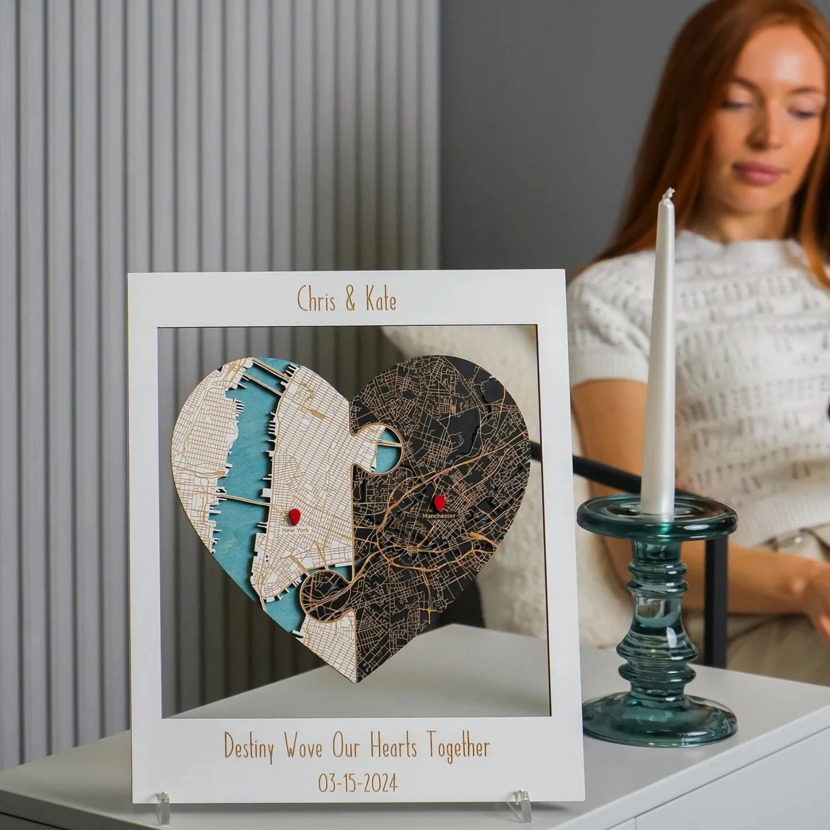 Kalpli ve Yuvarlak Tasarım - 2 Konumlu Ahşap Puzzle Kişiselleştirilebilir Tablo 