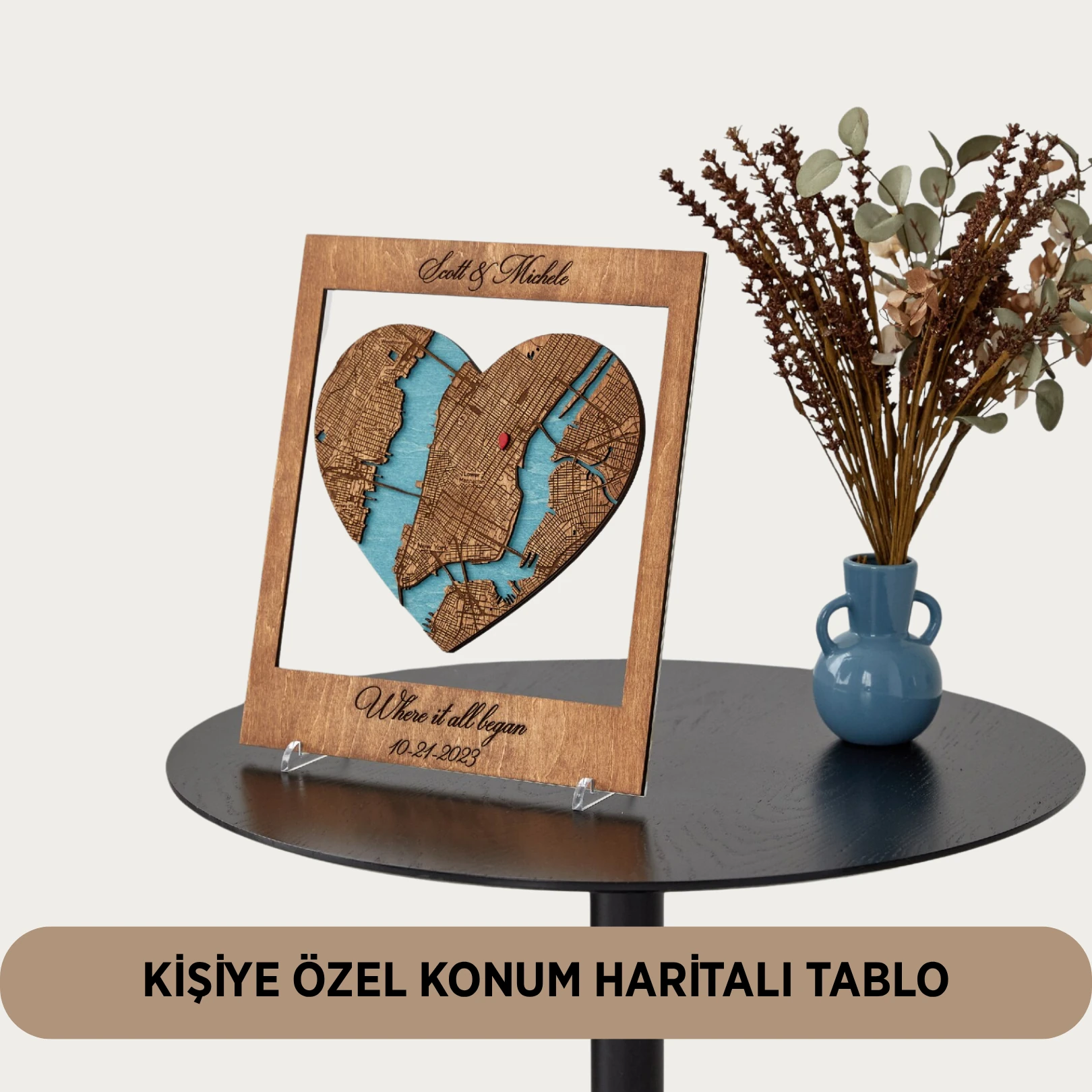 Kişiselleştirilebilir Özel Şehir - Buluşma - Konum Haritalı Dekoratif Tablo - Masaüstü Olarakta Kullanılabilir - Tek Kalpli Tablo