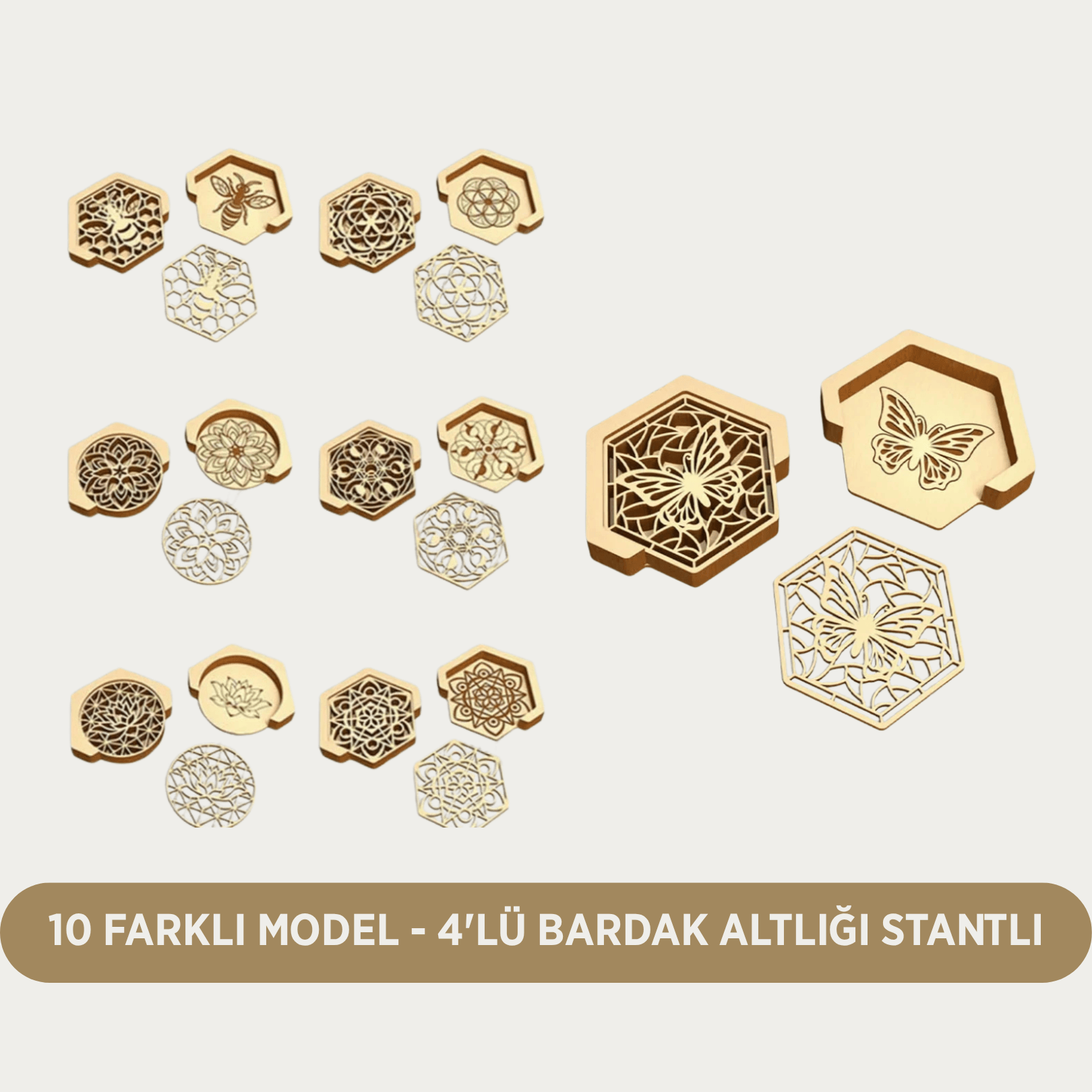 Geometrik ve Çiçek Desenli Bardak Altlığı - 4'lü 10 Farklı Tipte Dekoratif Bardak Altlığı