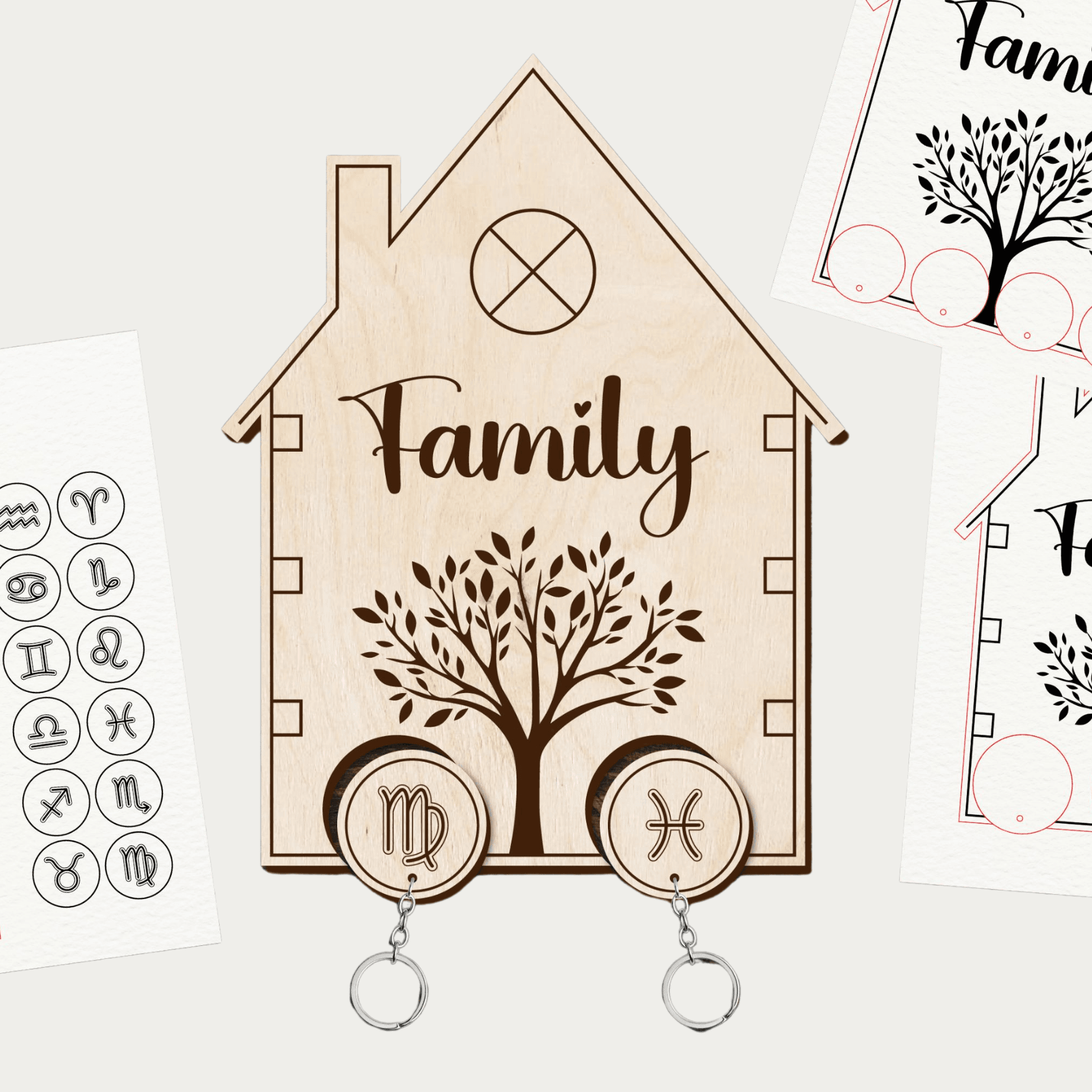 Kişiselleştirilebilir Aile İsimlikli Anahtarlık Askısı - Burçlarla Özelleştirilebilir