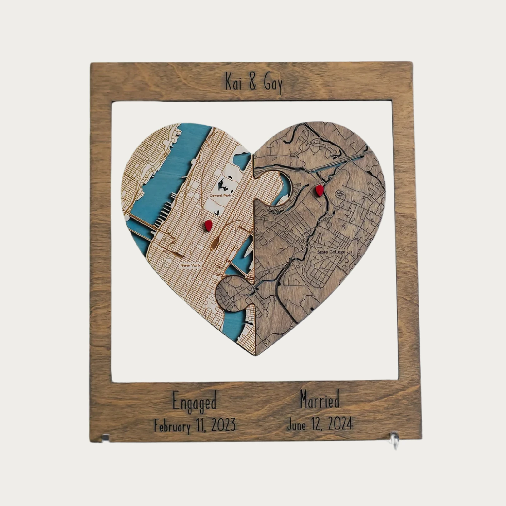 Kalpli ve Yuvarlak Tasarım - 2 Konumlu Ahşap Puzzle Kişiselleştirilebilir Tablo  - Kalpli