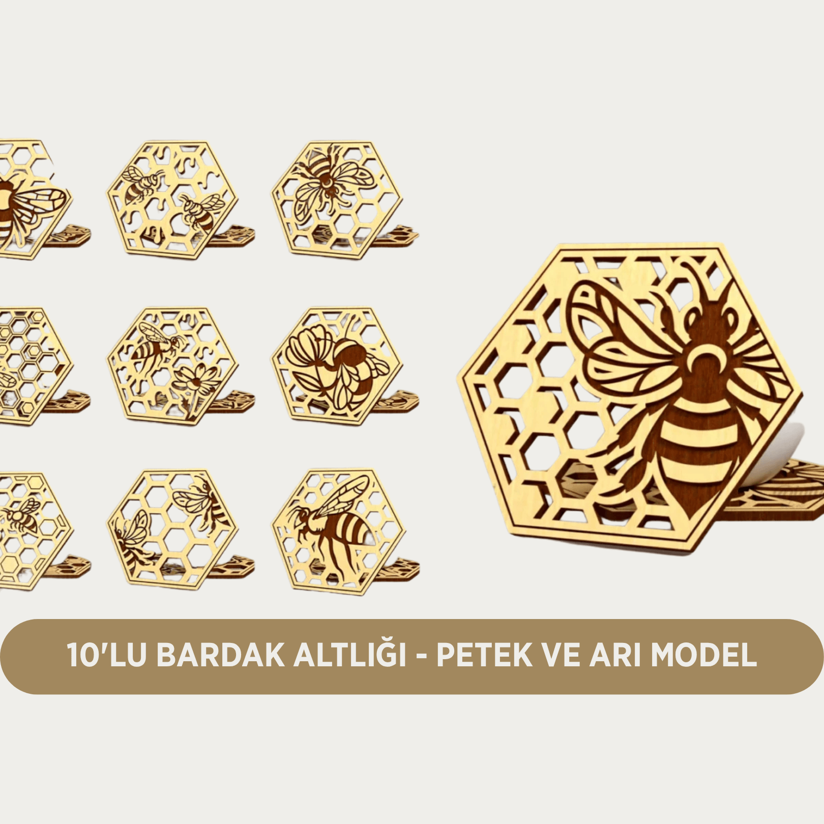 10'lu Petek ve Arı Tasarımlı Bardak Altlığı