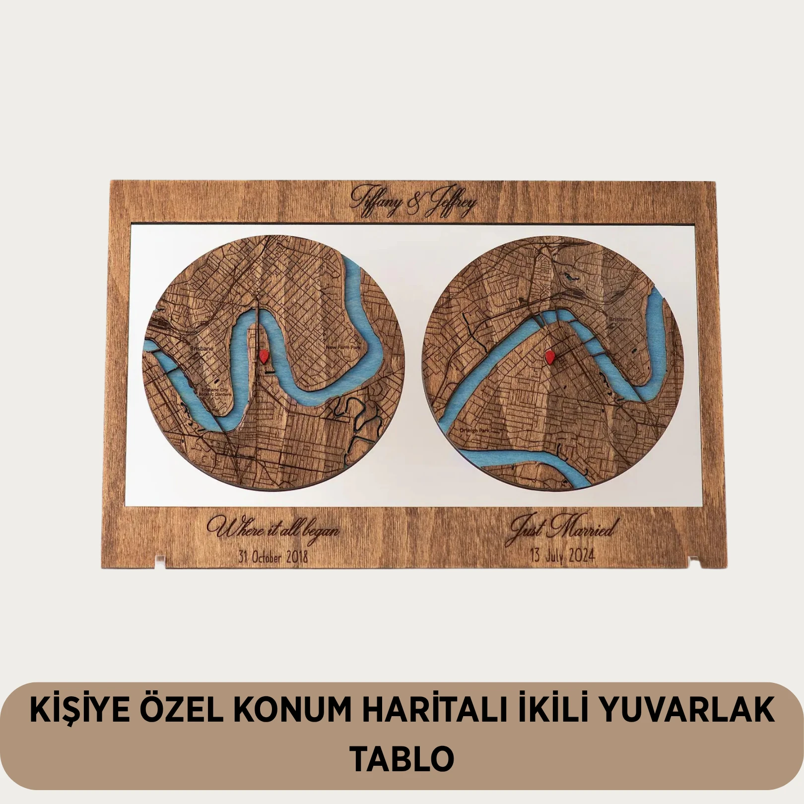 Kişiselleştirilebilir Yuvarlak Konum Tablosu - Şehir - Buluşma - İlk Görüş Kişiye Özel Hediye - İkili Kalpli Tablo