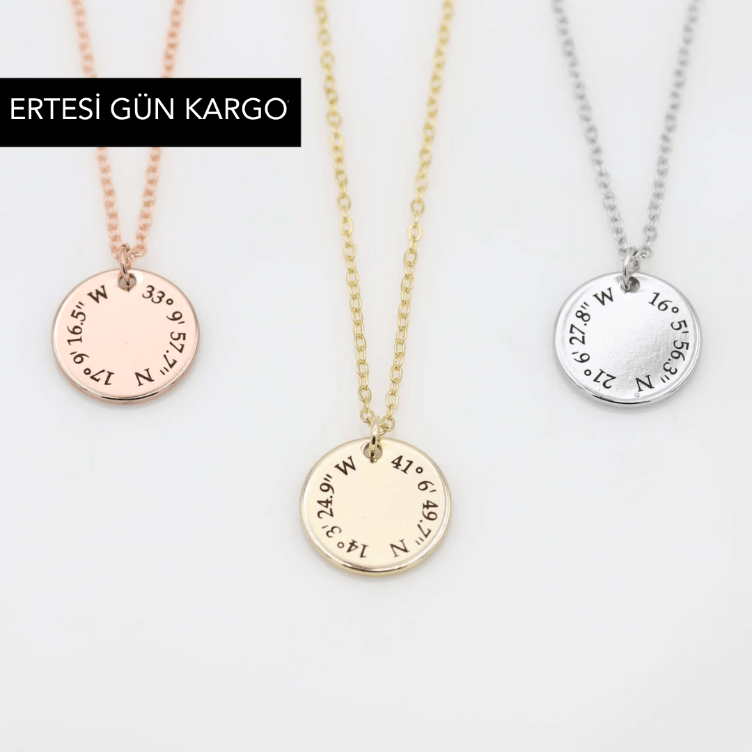 Özel Konum Kolyesi – Kişiye Özel Koordinatlar (Buluşma, Evlilik, Anı Mekanı) – Minimalist Gümüş / Altın / Rose Gold Kolye