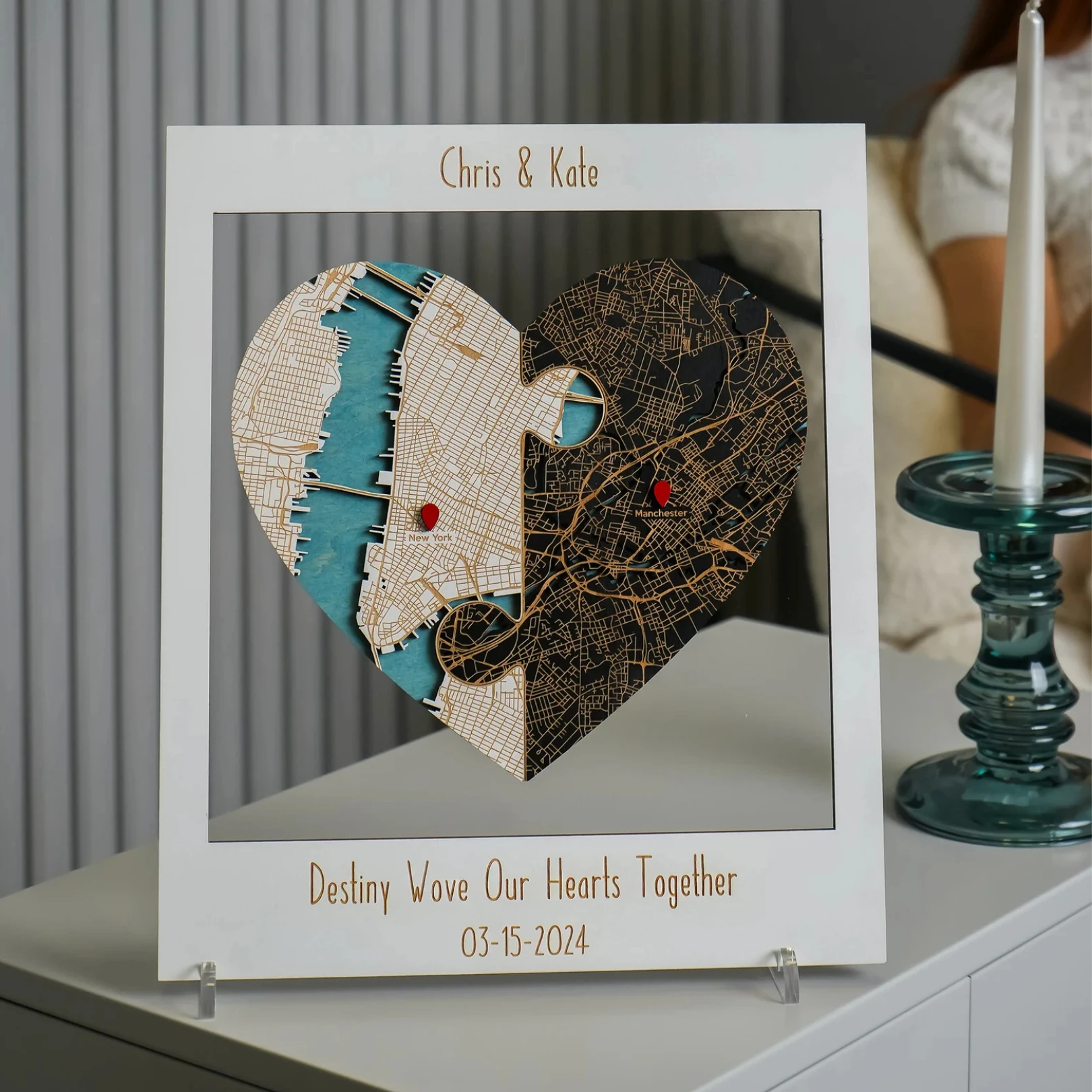 Kalpli ve Yuvarlak Tasarım - 2 Konumlu Ahşap Puzzle Kişiselleştirilebilir Tablo 