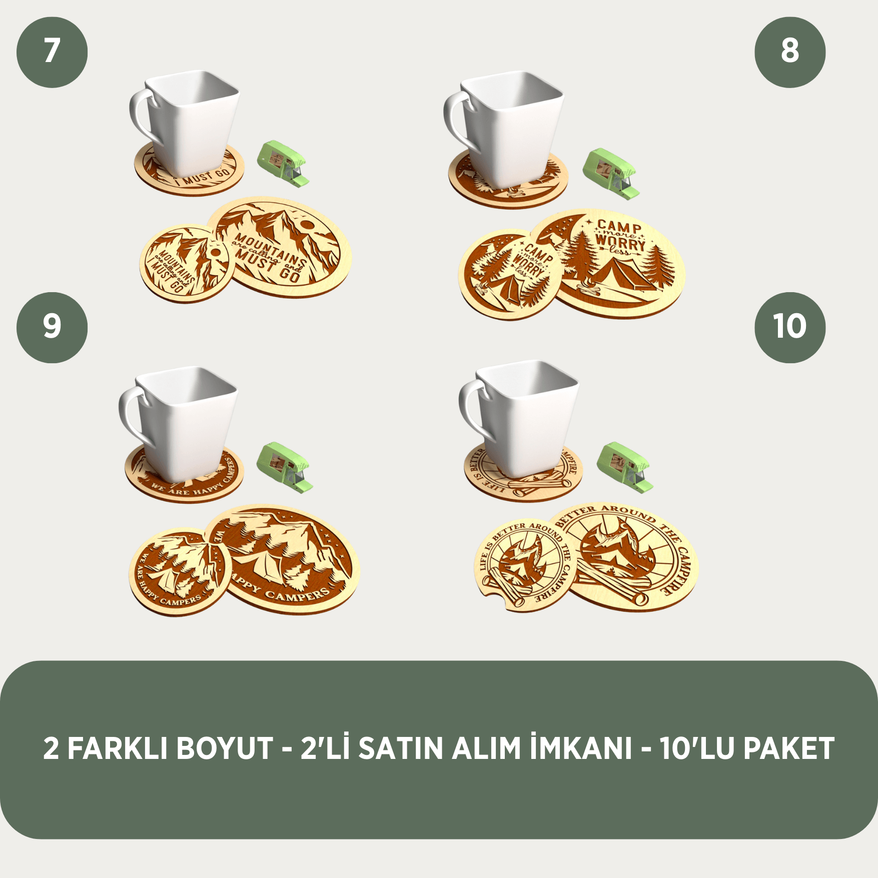Kamp Mutfağınıza Eşlikçi - Kampçılar İçin 10'lu Bardak Altlığı - 2 Farklı Boy 10cm ve 6.5cm 