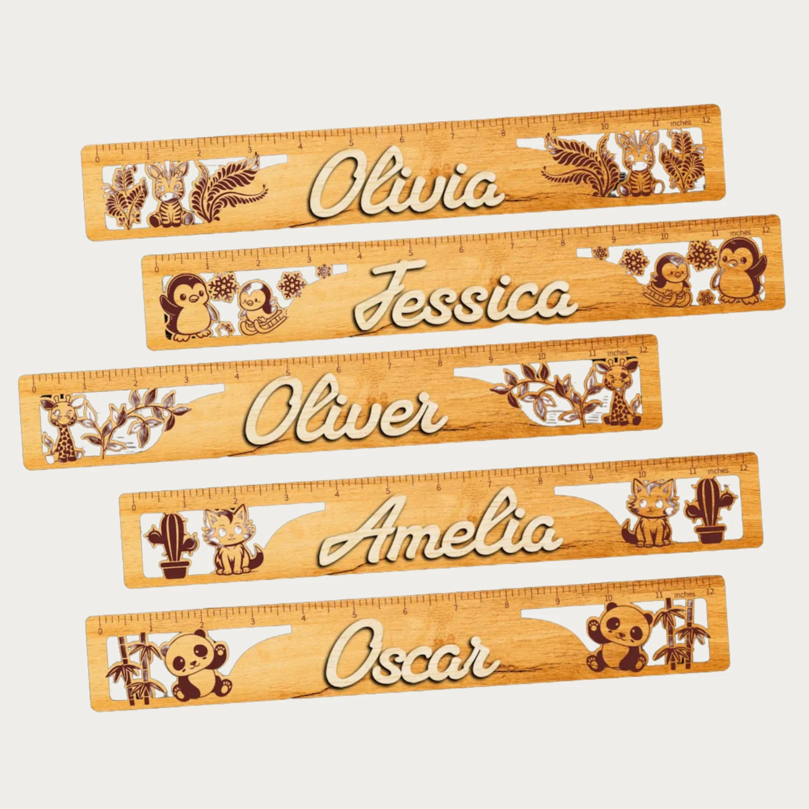 8 Farklı Hayvan Animasyonlu Kişiselleştirilebilir Çocuk Cetveli