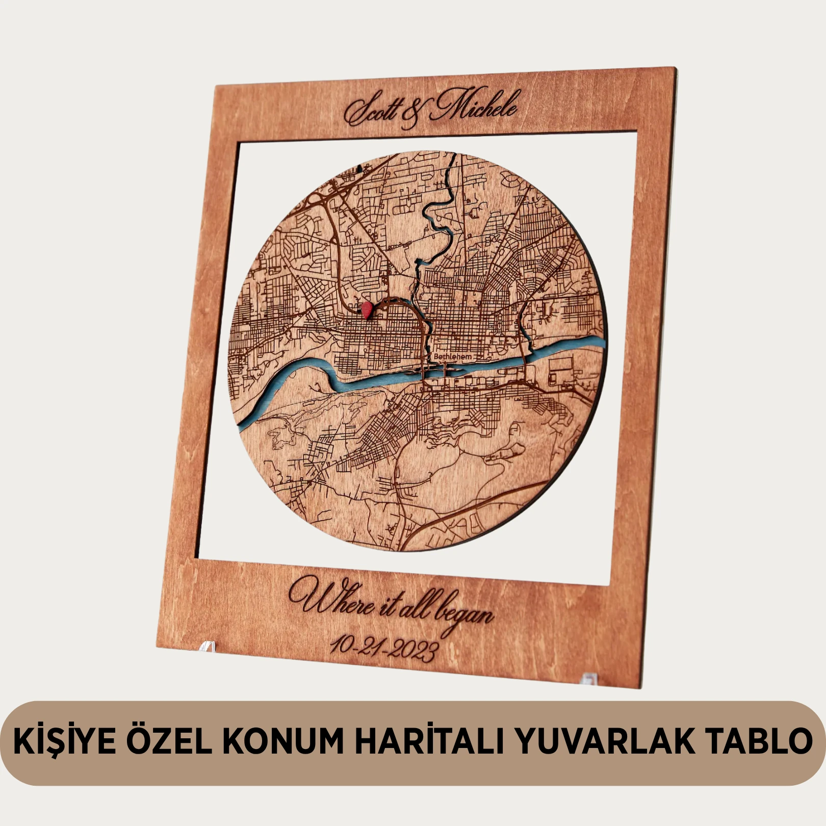 Kişiselleştirilebilir Yuvarlak Konum Tablosu - Şehir - Buluşma - İlk Görüş Kişiye Özel Hediye - Tek Kalpli Tablo