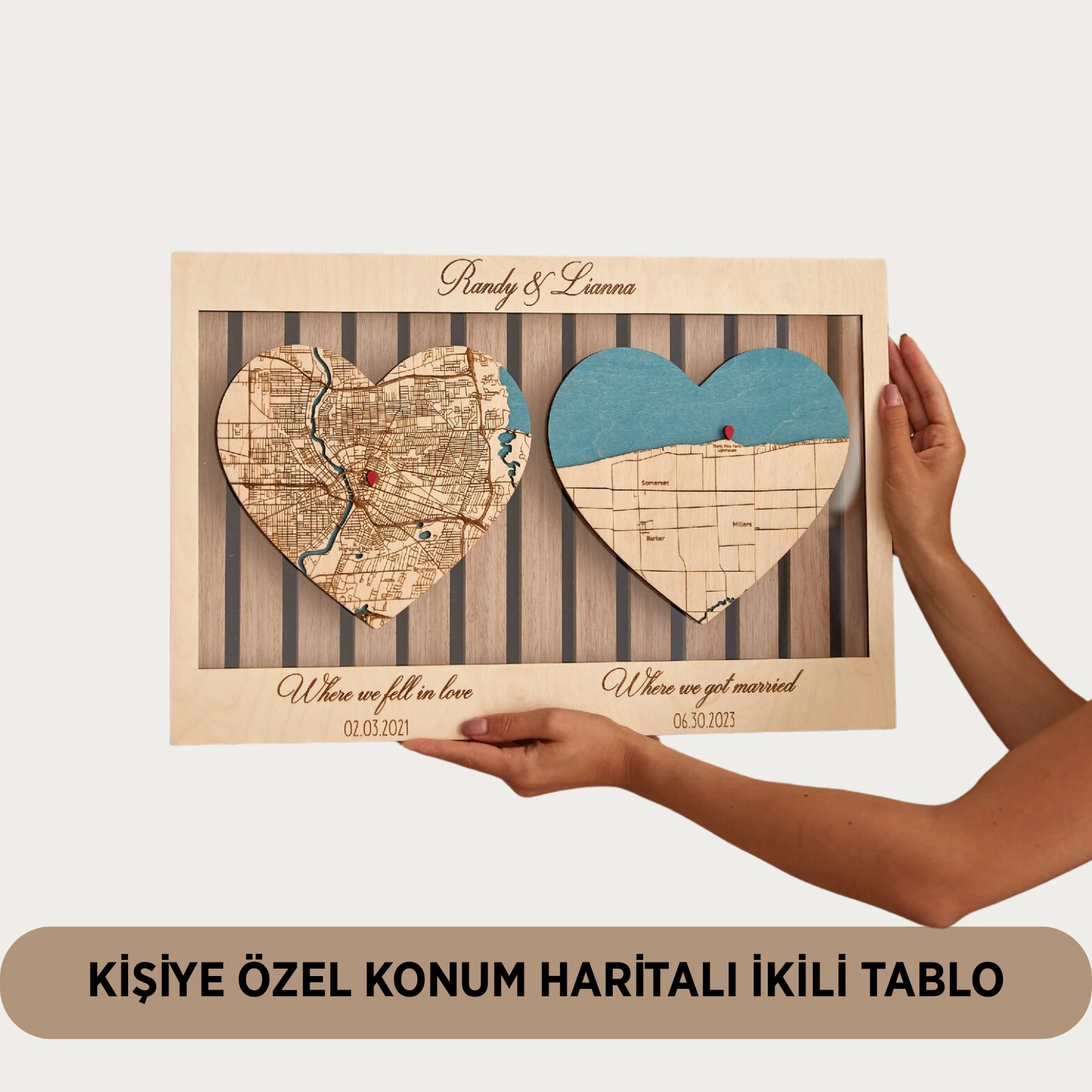 Kişiselleştirilebilir Özel Şehir - Buluşma - Konum Haritalı Dekoratif Tablo - Masaüstü Olarakta Kullanılabilir - İkili Kalpli Tablo