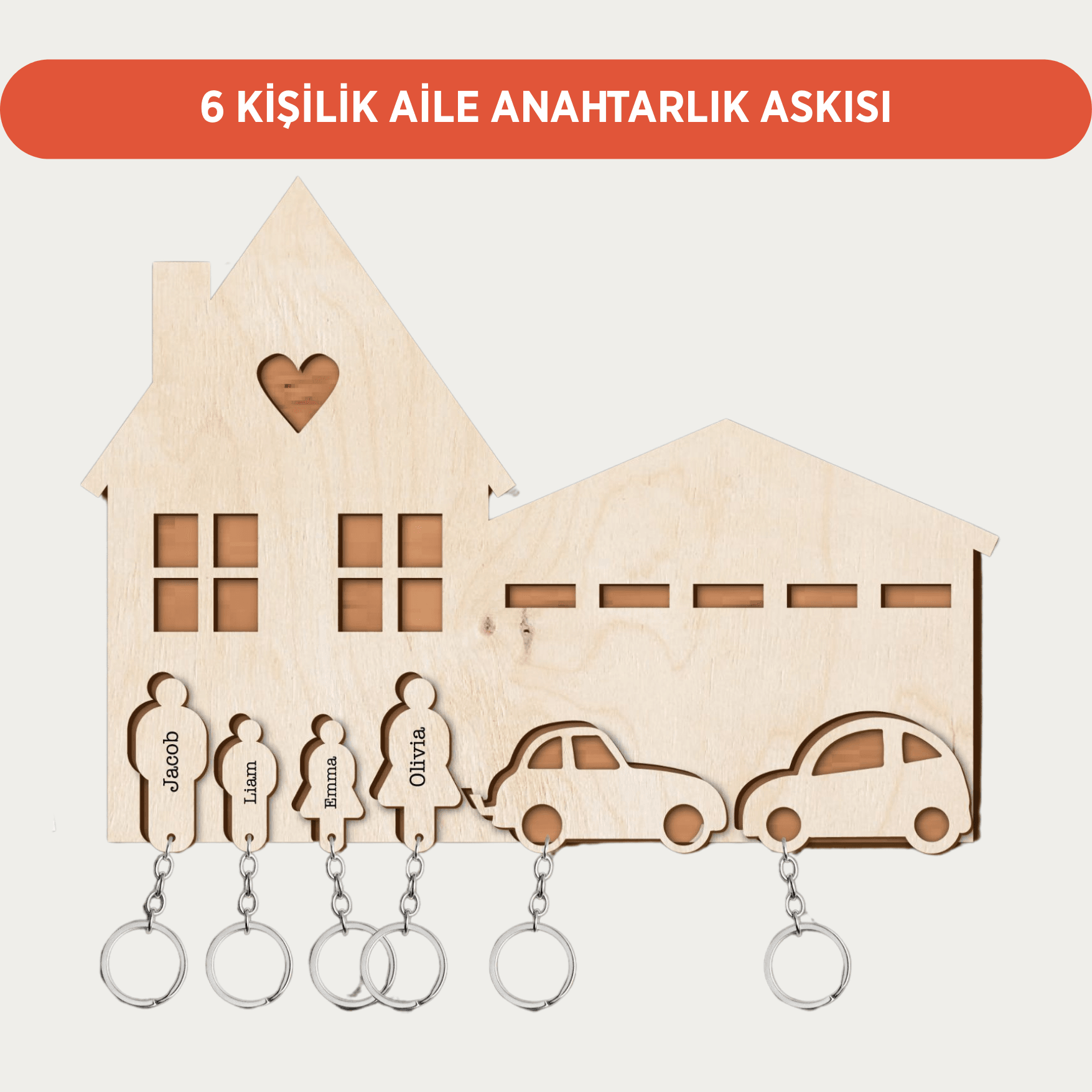6 Kişilik Aile Anahtarlık Askısı - Kişiselleştirilebilir Ev ve Araba Anahtarlığı - Askılı Anahtarlık