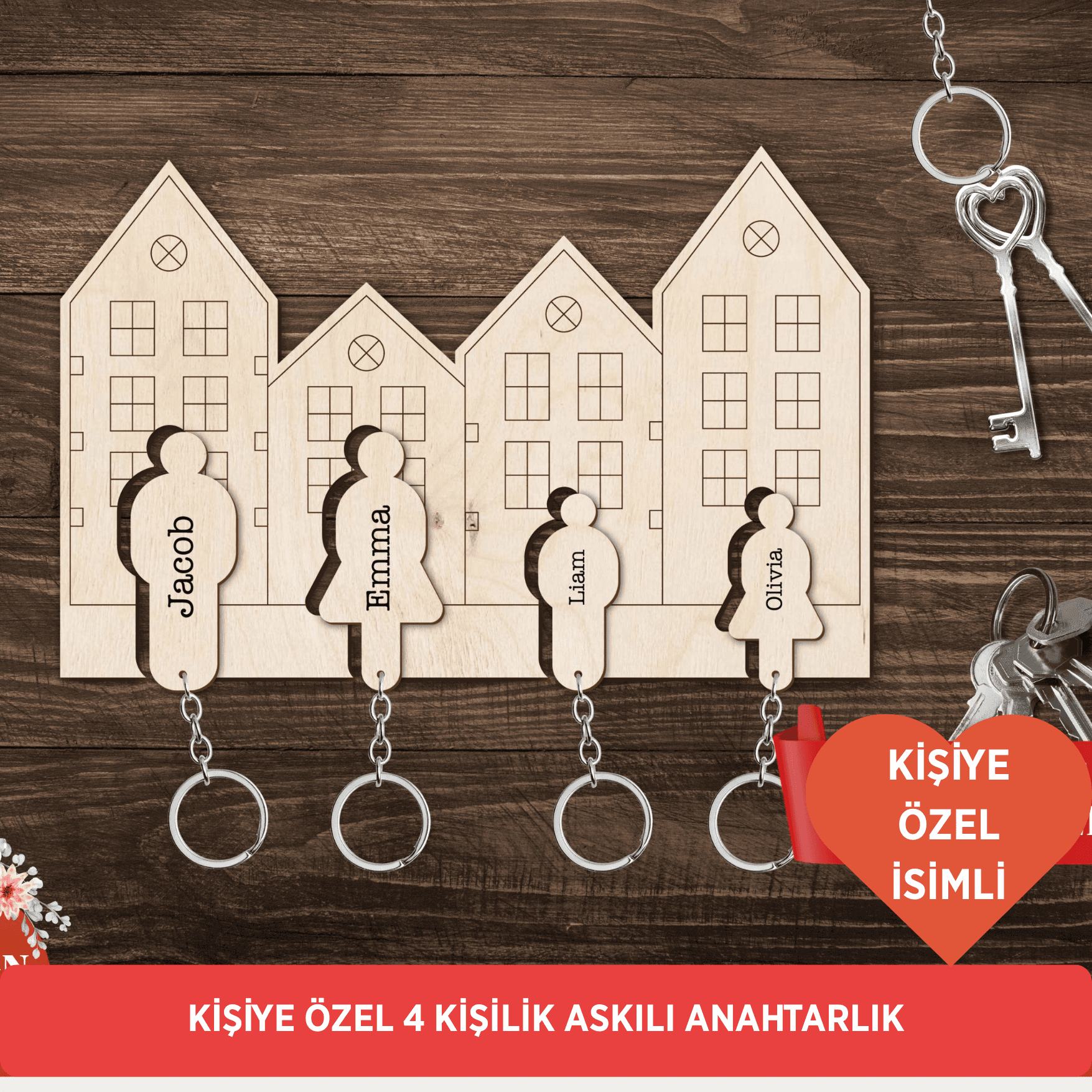 Kişiye Özel Anahtarlık Askısı - 4 İsimlikli Ev - Ofis Anahtarlık Askısı 