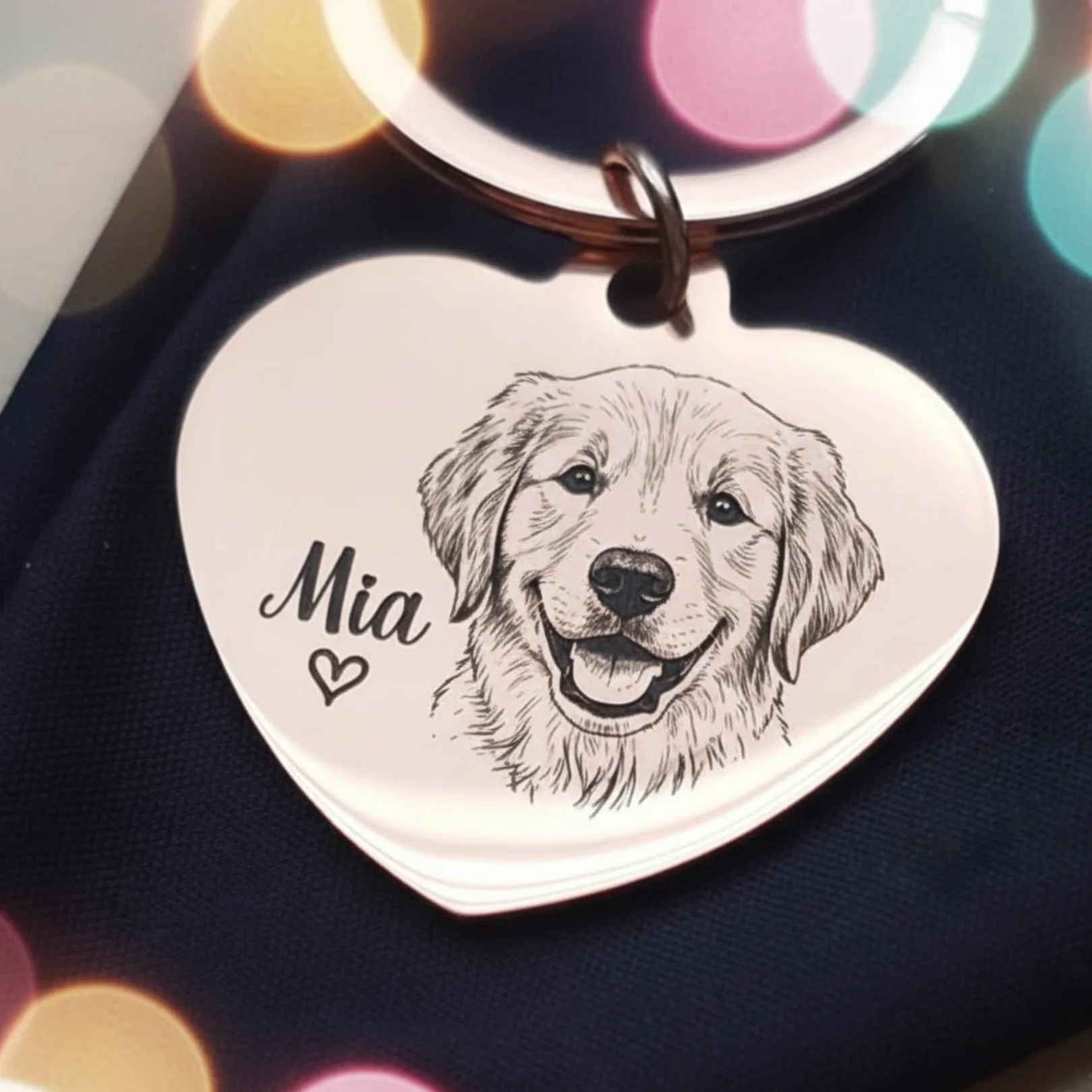 Evcil Hayvanınızın Resminden Çizgisel Karikatürize Anahtarlık - Kalpli ve Yuvarlak Model