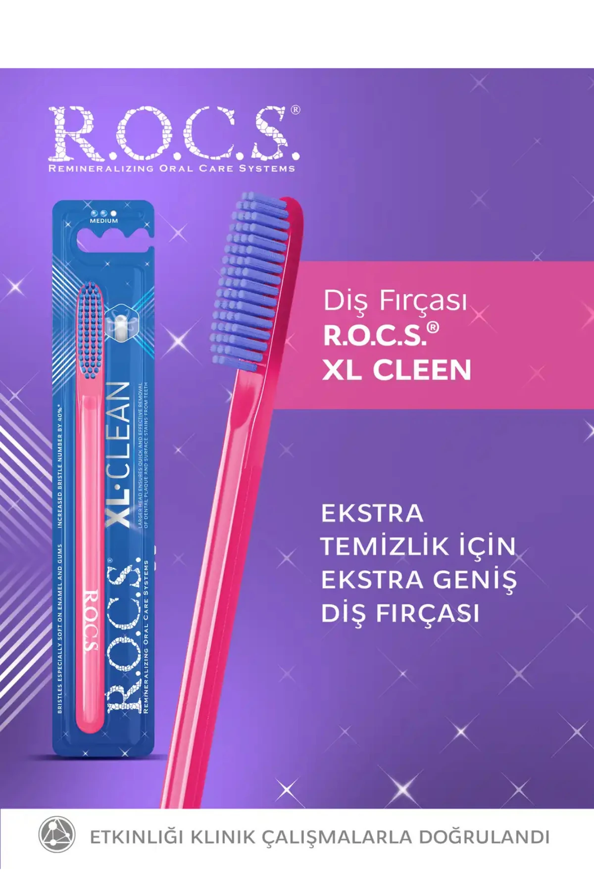 ROCS XL-Clean Ekstra Geniş Diş Fırçası - Orta Sert Pembe-Mavi (1 Adet)