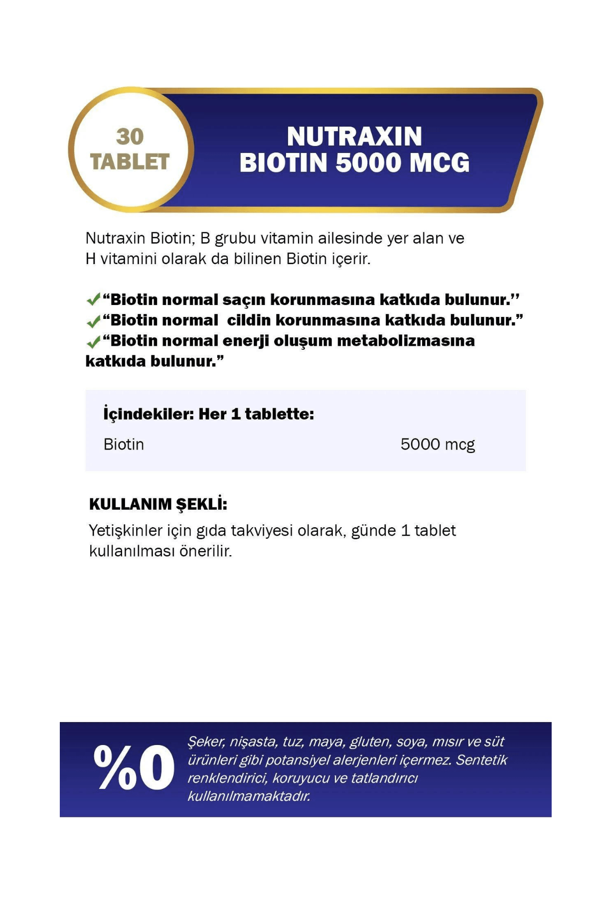 Nutraxin Biotin 5000 mcg Takviye Edici Gıda 30 Tablet