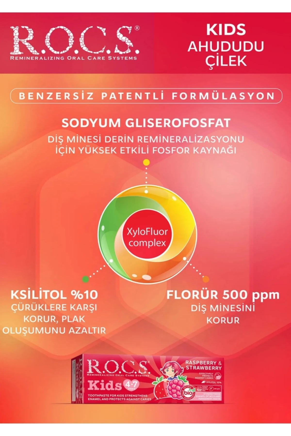 ROCS Kids 4-7 Yaş Meyveli Çocuk Diş Macunu 35ml (Ahududulu-Çilekli)