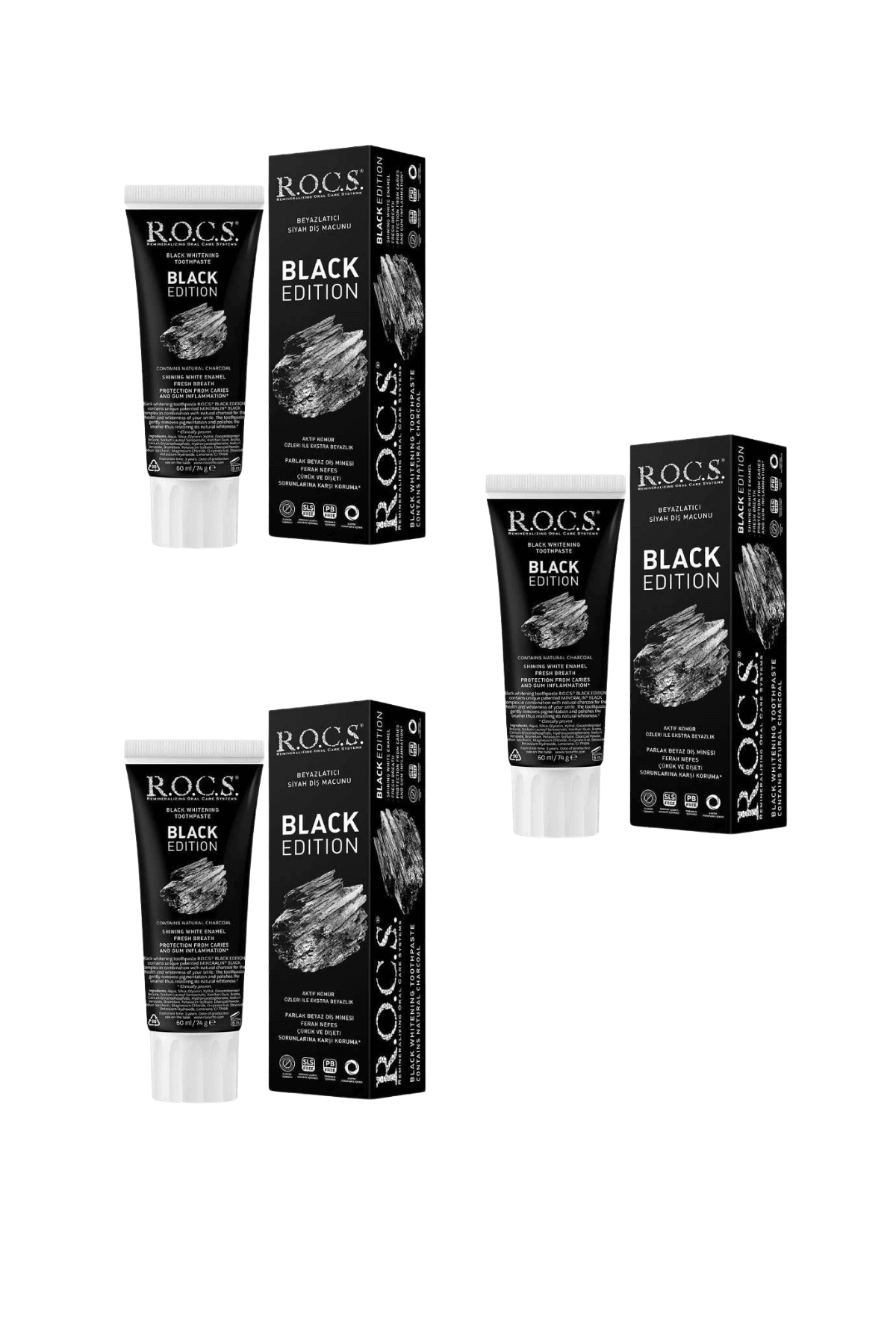 ROCS Black Edition Beyazlatıcı Siyah Diş Macunu 60ml x 3 Adet
